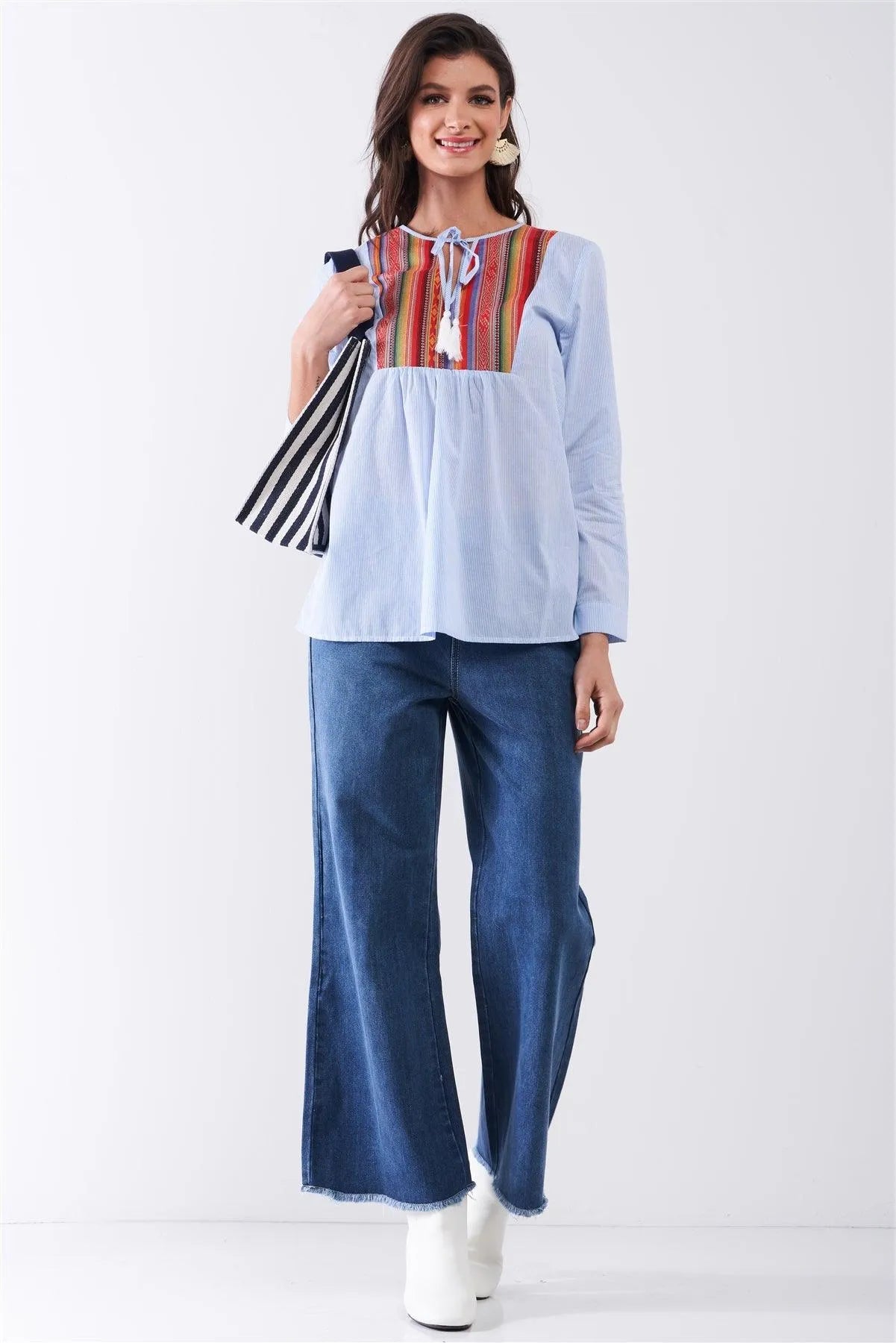 Blue Striped Multicolor Embroidery Front Trim Self-Tie Round Neck Long Sleeve Shirt /1-2-2-1 - Tasha Apparel Wholesale
