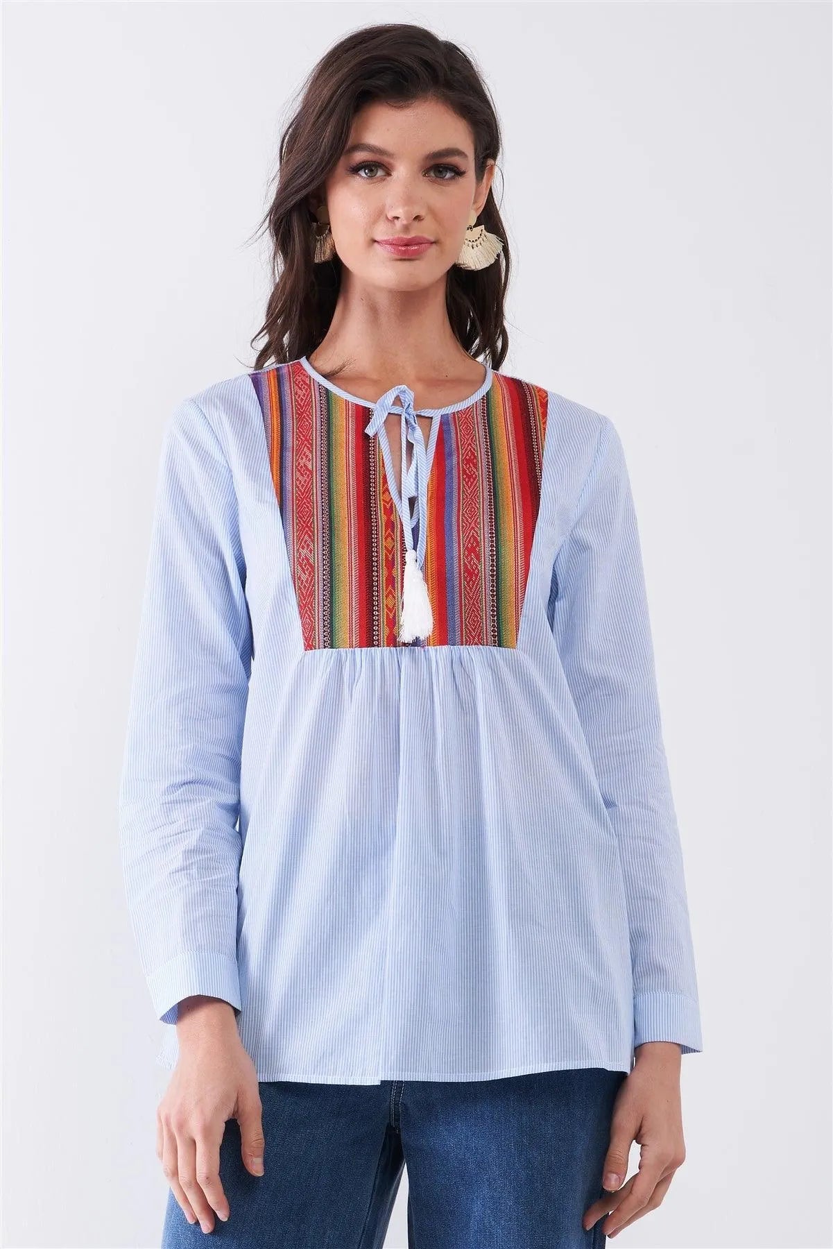 Blue Striped Multicolor Embroidery Front Trim Self-Tie Round Neck Long Sleeve Shirt /1-3-2 - Tasha Apparel Wholesale