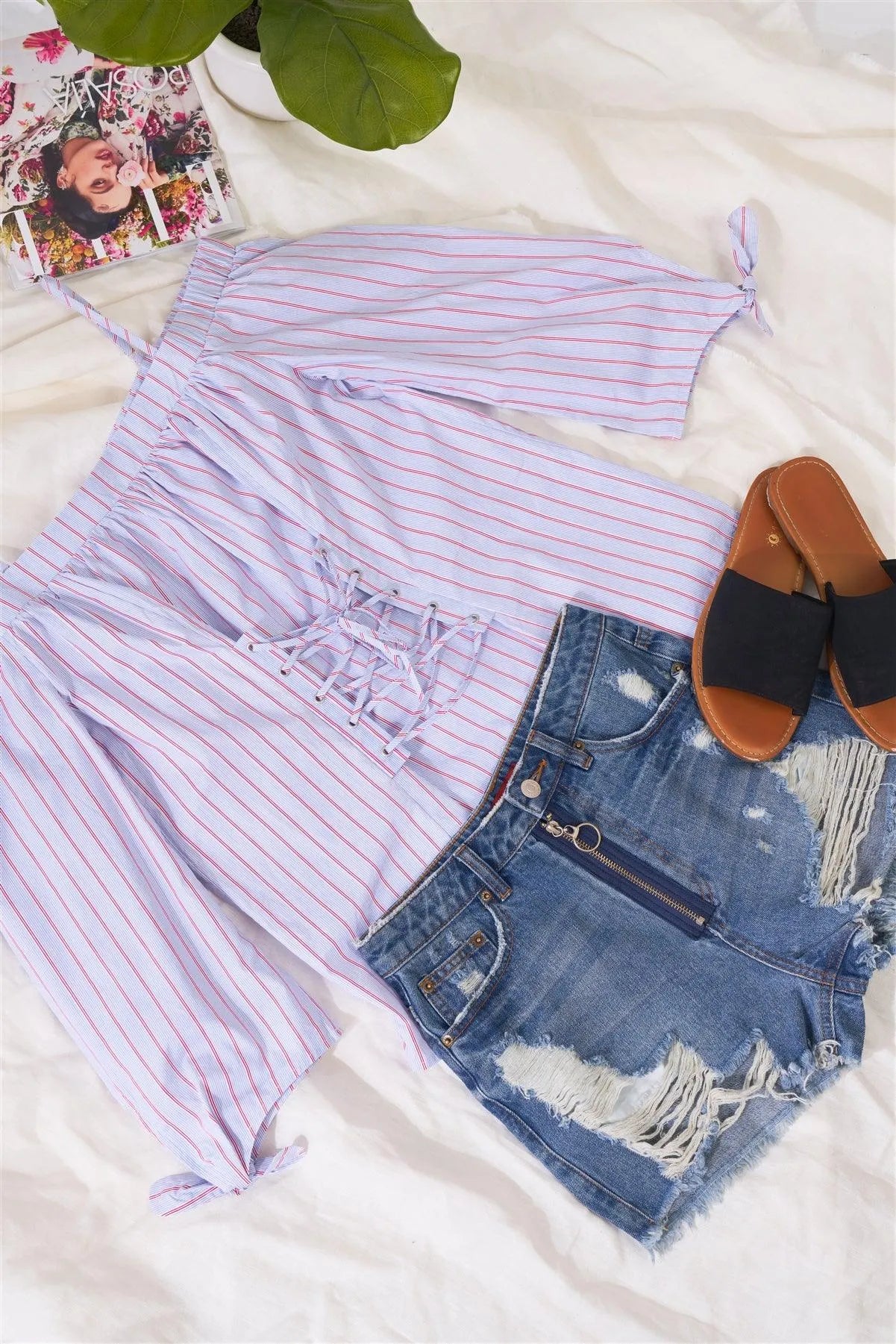 Blue & Red Pinstriped Off-The-Shoulder Balloon Sleeve Corset Lace-Up Front Detail Blouse /1-2-2-1 - Tasha Apparel Wholesale