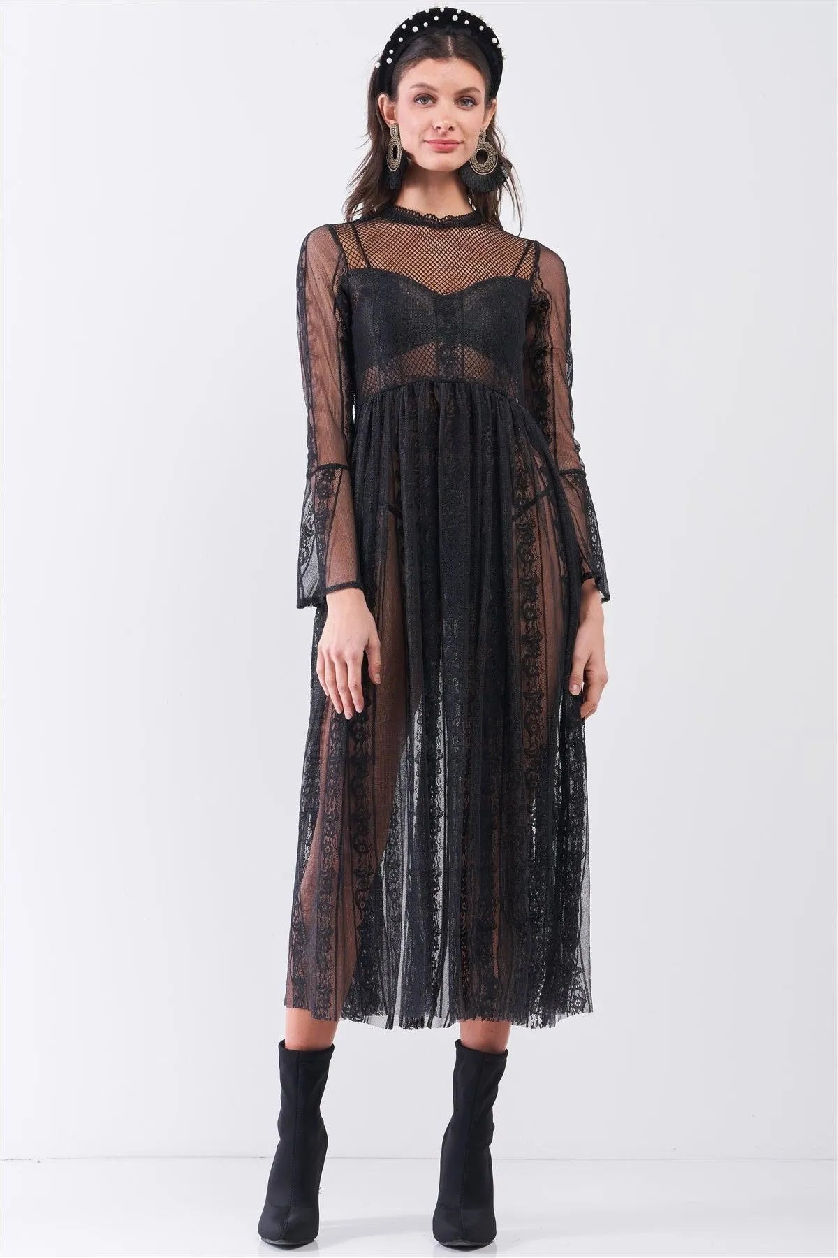 Black Boho Vintage Sheer Lace Round Neck Flare Long Sleeve Midi Dress /2-2-2 - Tasha Apparel Wholesale
