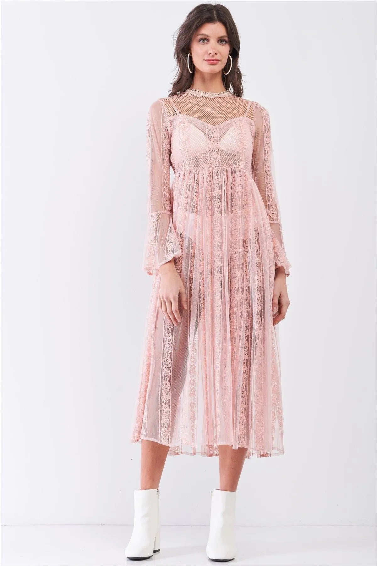Light-Pink Boho Vintage Sheer Lace Round Neck Flare Long Sleeve Midi Dress /3-1-2 - Tasha Apparel Wholesale