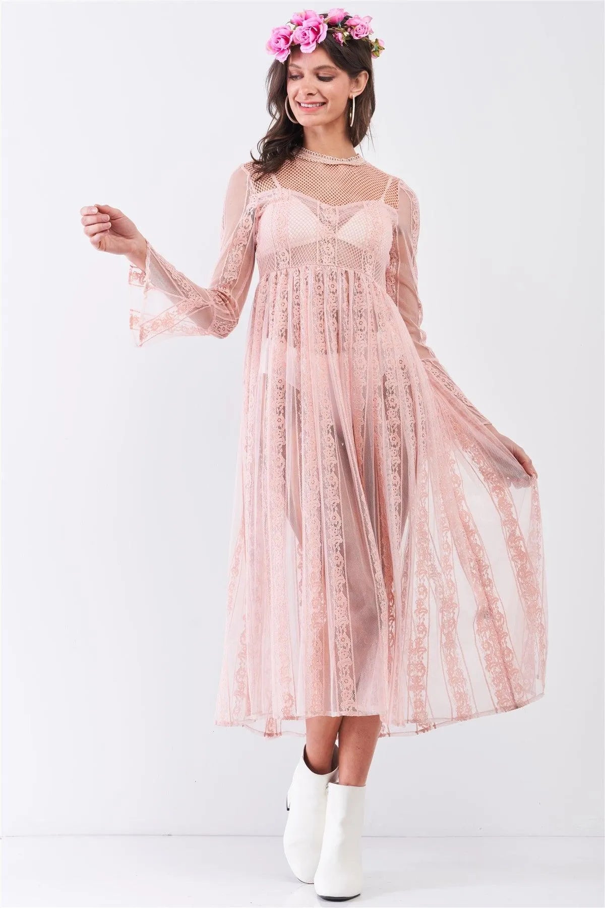 Light-Pink Boho Vintage Sheer Lace Round Neck Flare Long Sleeve Midi Dress /2-2-3 - Tasha Apparel Wholesale