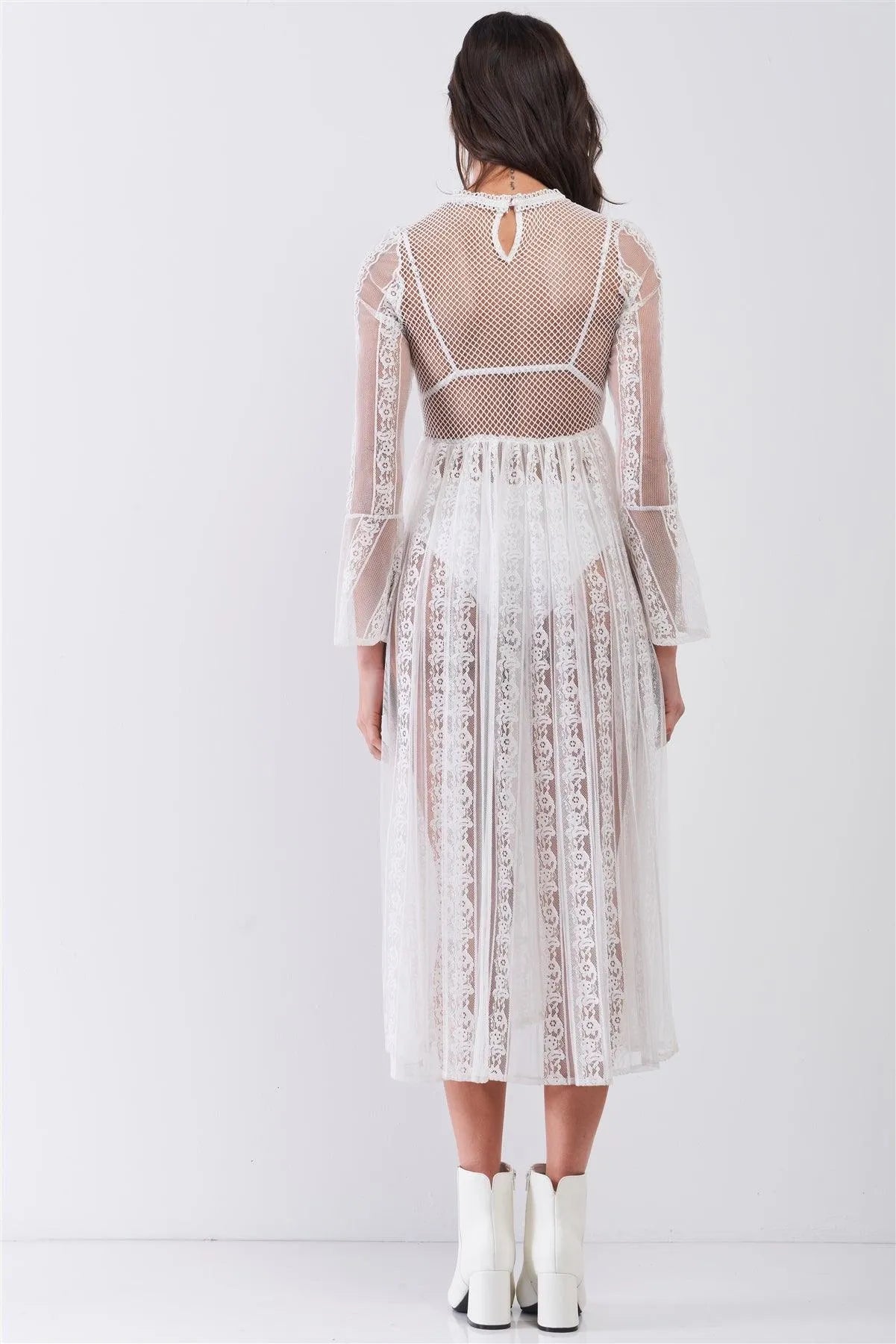 White Boho Vintage Sheer Lace Round Neck Flare Long Sleeve Midi Dress /2-2-2 - Tasha Apparel Wholesale