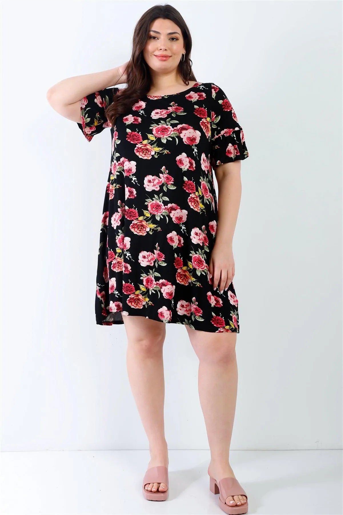 Junior Plus Black Floral Bell Short Sleeve Mini Dress /2-1-2 - Tasha Apparel Wholesale