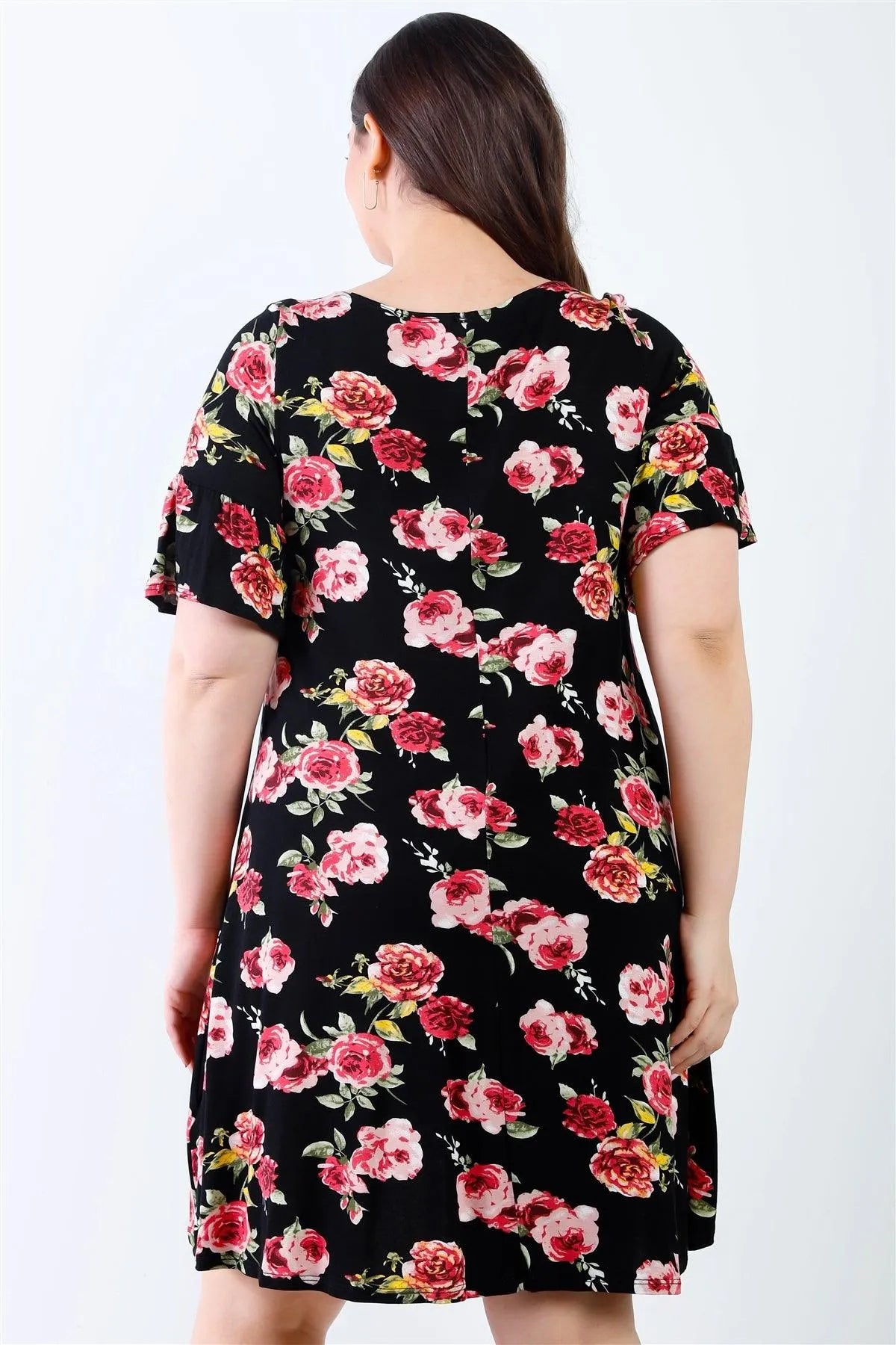 Junior Plus Black Floral Bell Short Sleeve Mini Dress /2-2-2 - Tasha Apparel Wholesale