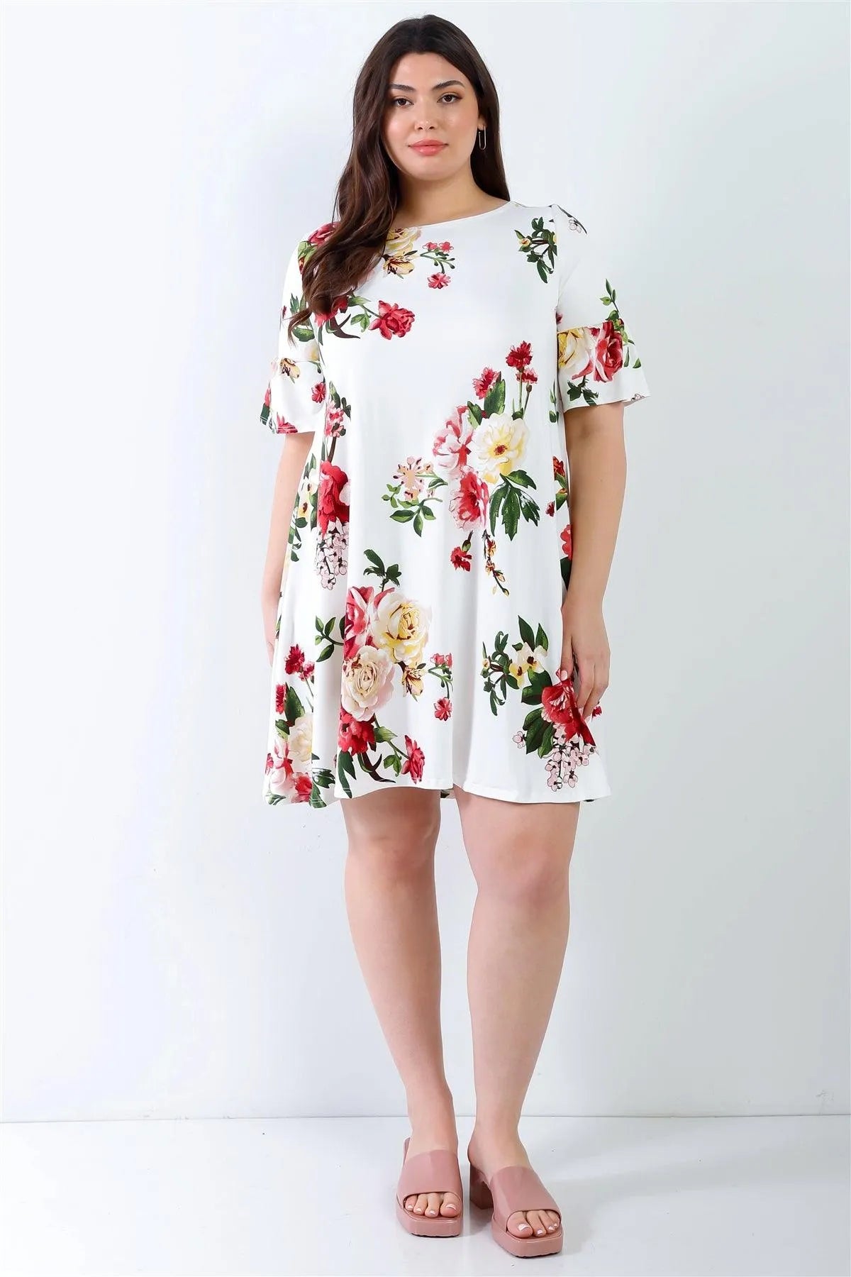 Junior Plus White Floral Bell Short Sleeve Mini Dress /2-2-2 - Tasha Apparel Wholesale