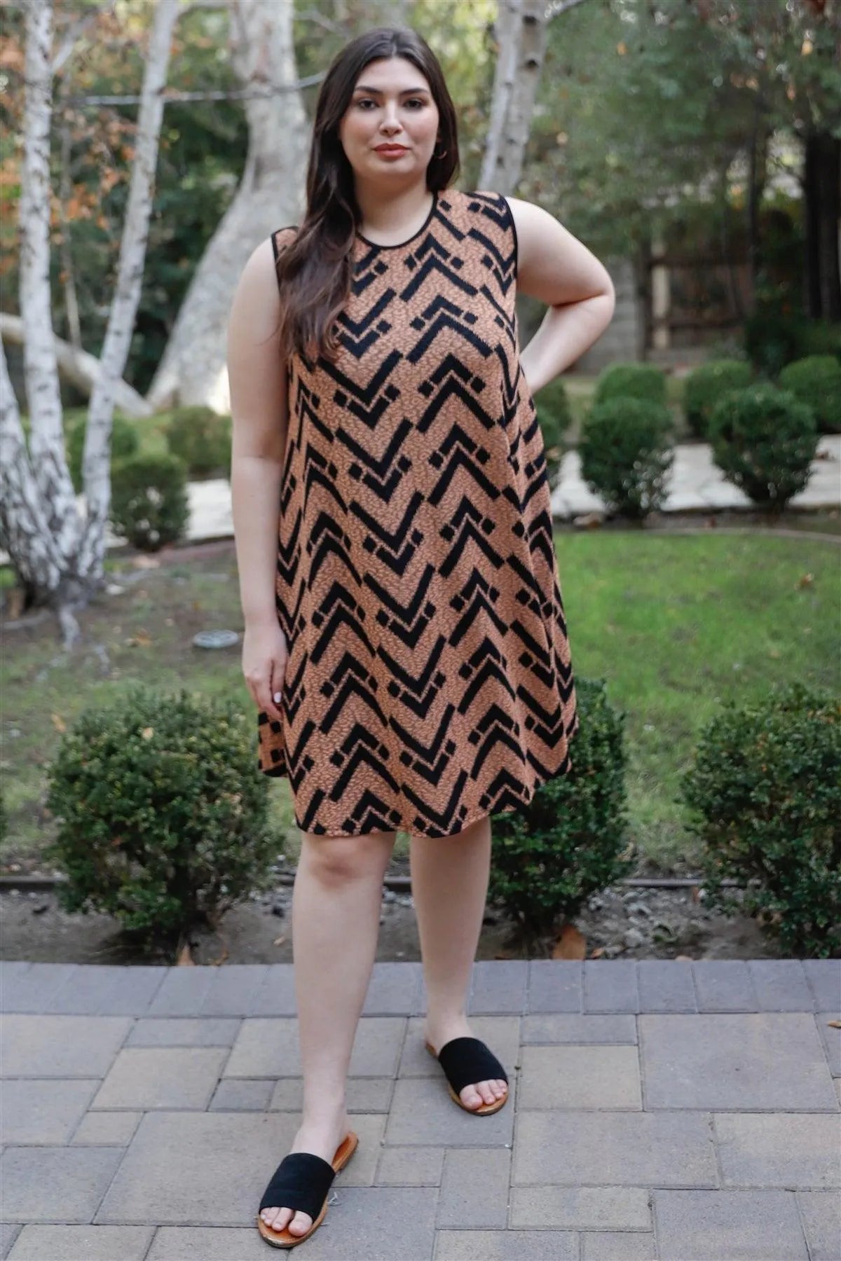 Junior Plus Tan & Black Printed Sleeveless Mini Dress /2-2-2 - Tasha Apparel Wholesale