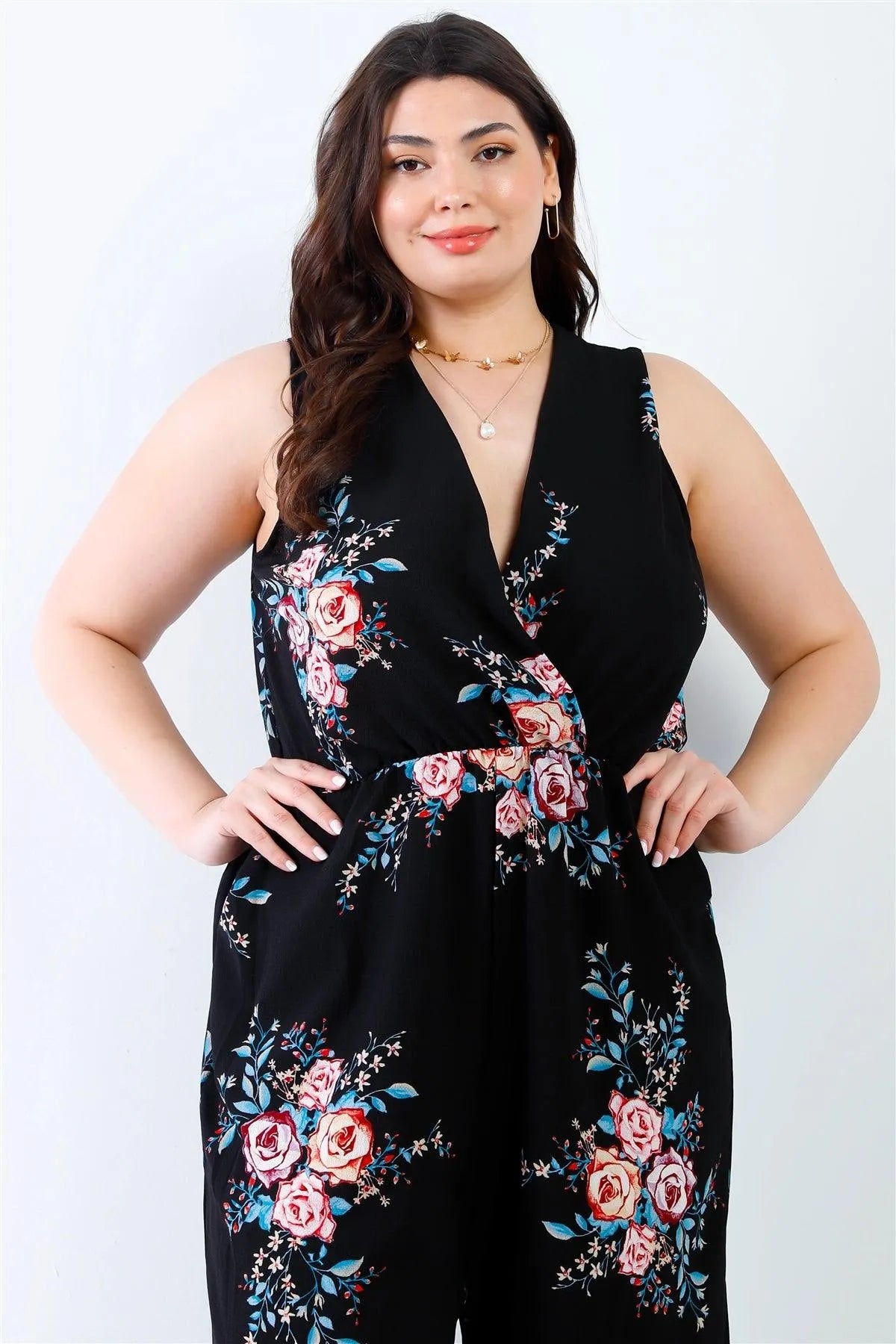 Junior Plus Black Flower Print Wrap V-Neck Back Self-Tie Detail Sleeveless Jumpsuit /2-2-2 - Tasha Apparel Wholesale