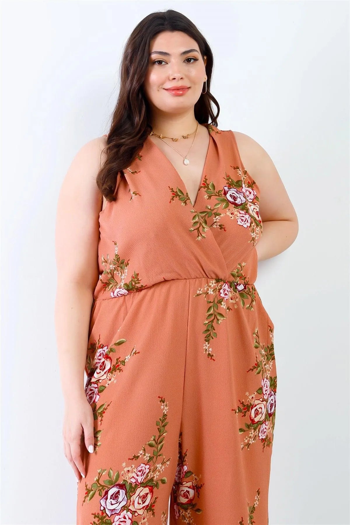 Junior Plus Caramel Flower Print Wrap V-Neck Back Self-Tie Detail Sleeveless Jumpsuit /2-2-2 - Tasha Apparel Wholesale