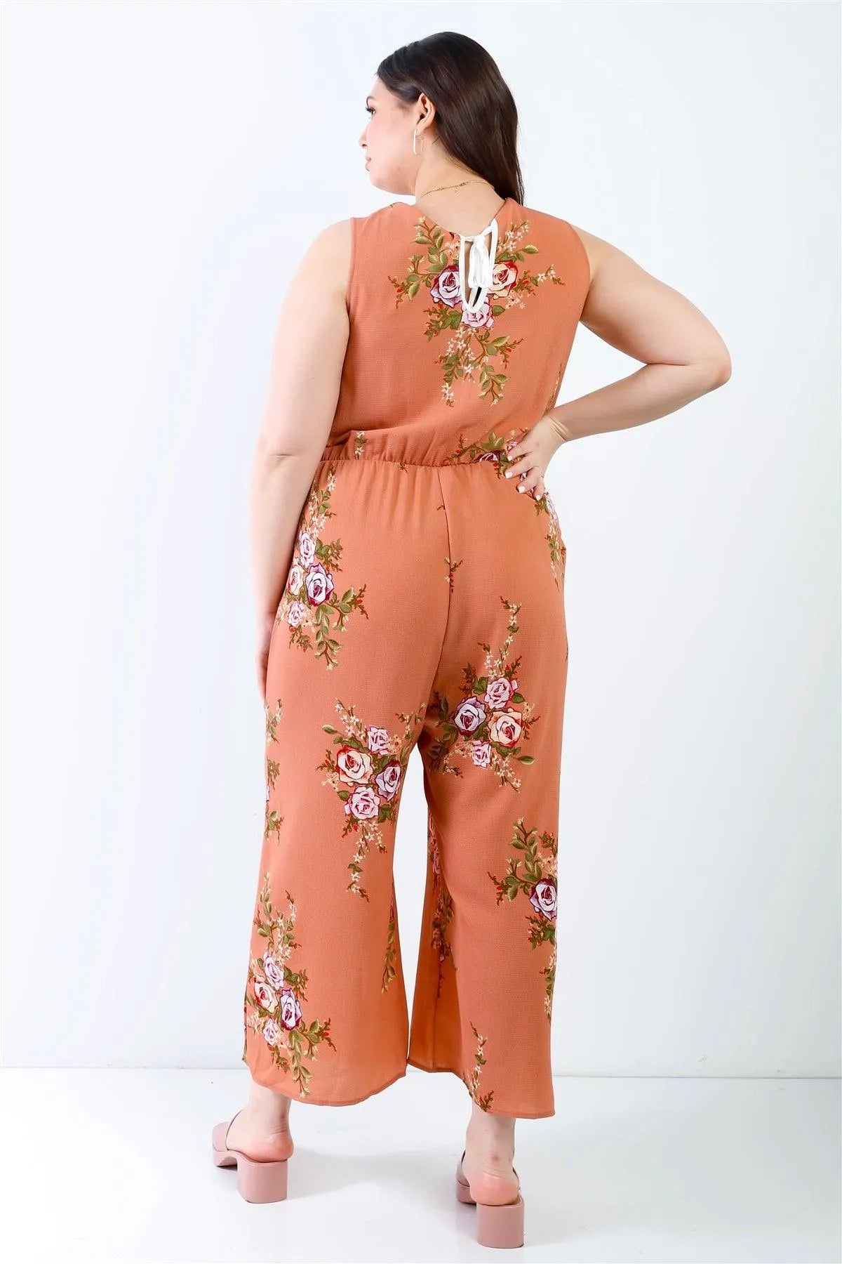 Junior Plus Caramel Flower Print Wrap V-Neck Back Self-Tie Detail Sleeveless Jumpsuit /2-4 - Tasha Apparel Wholesale