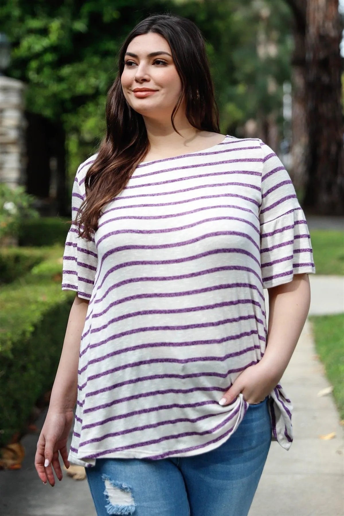Junior Plus Purple & White Stripe Bell Short Sleeve Top /2-2-2 - Tasha Apparel Wholesale