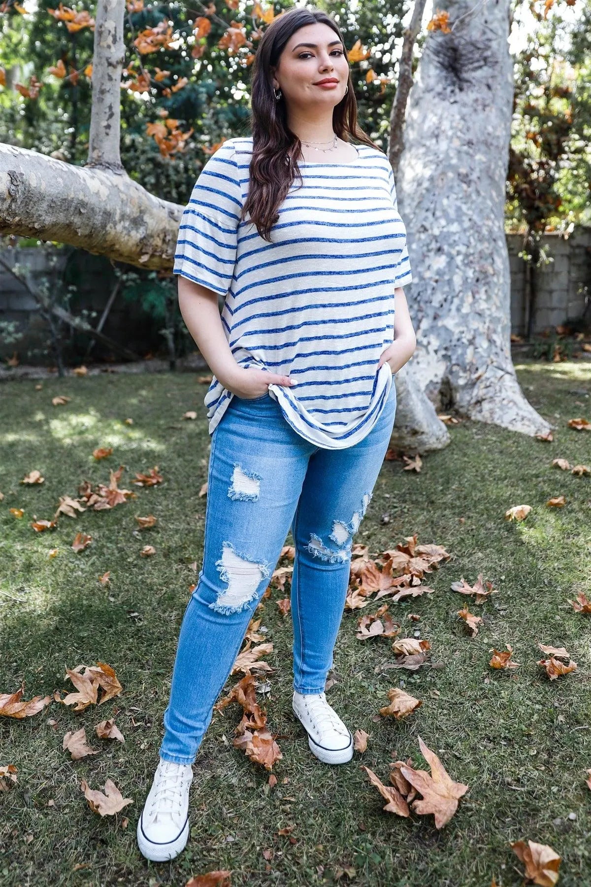 Junior Plus Royal & White Stripe Bell Short Sleeve Top /2-2-2 - Tasha Apparel Wholesale