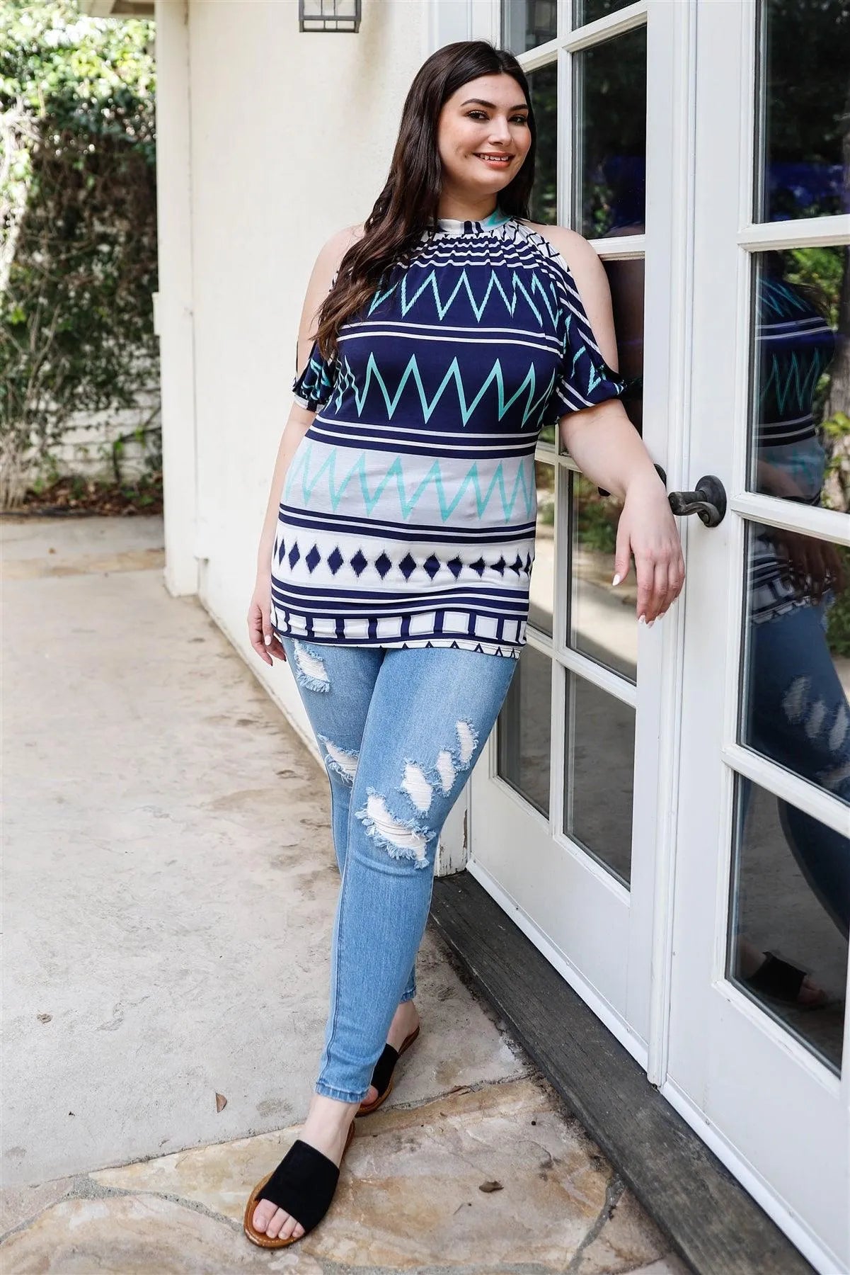 Junior Plus Navy & Mint Geometric Print Cold Shoulder Short Sleeve Back Self-Tie Top /2-2-2 - Tasha Apparel Wholesale