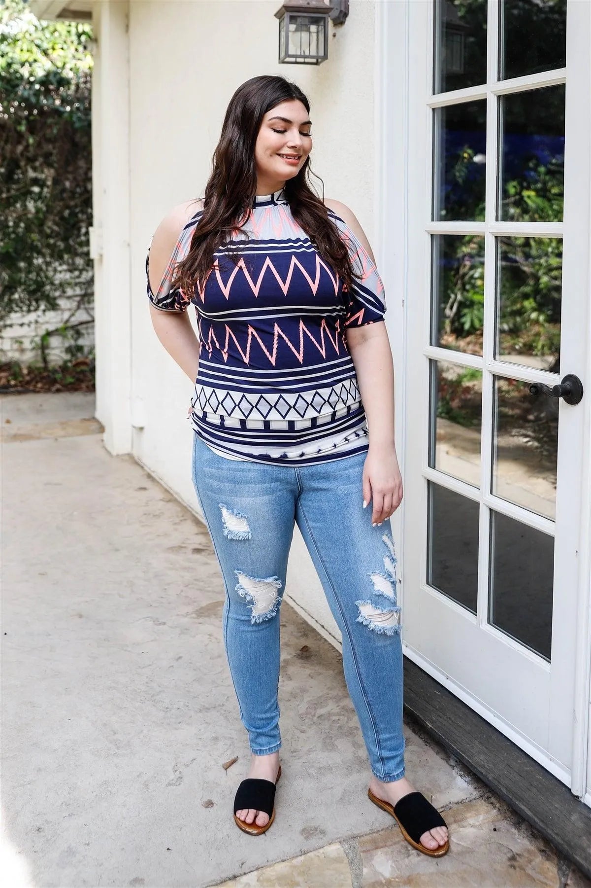 Junior Plus Navy Multi Color Geometric Print Cold Shoulder Short Sleeve Back Self-Tie Top /1-2 - Tasha Apparel Wholesale