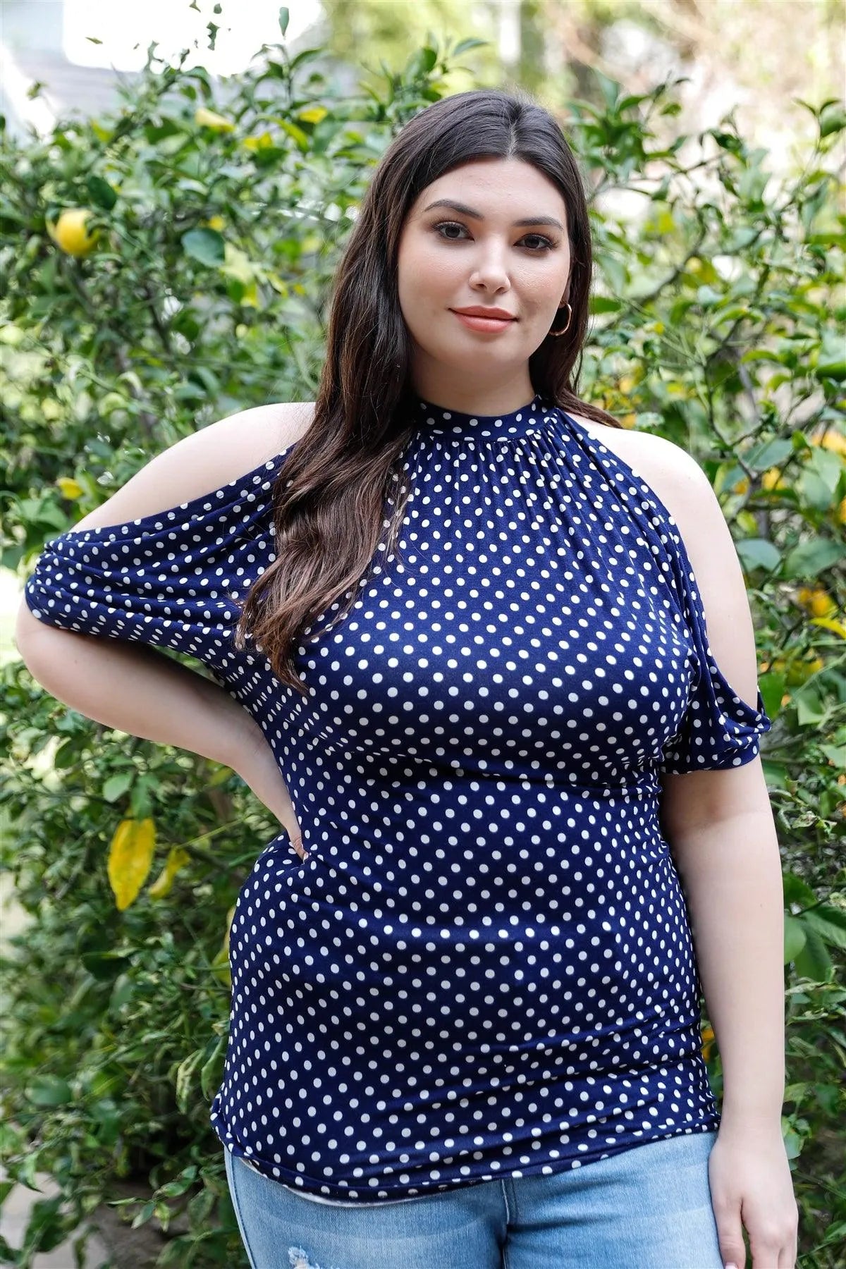 Junior Plus Navy & White Polka Dot Cold Shoulder Short Sleeve Back Self-Tie Top /2-2-2 - Tasha Apparel Wholesale