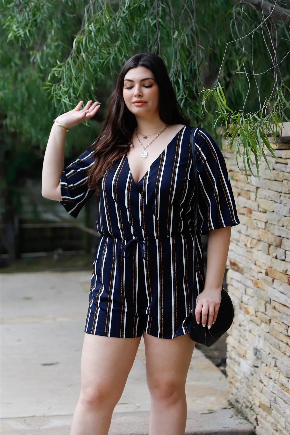 Junior Plus Navy & Yellow Stripe V-Neck Short Sleeve Romper /2-2-2 - Tasha Apparel Wholesale