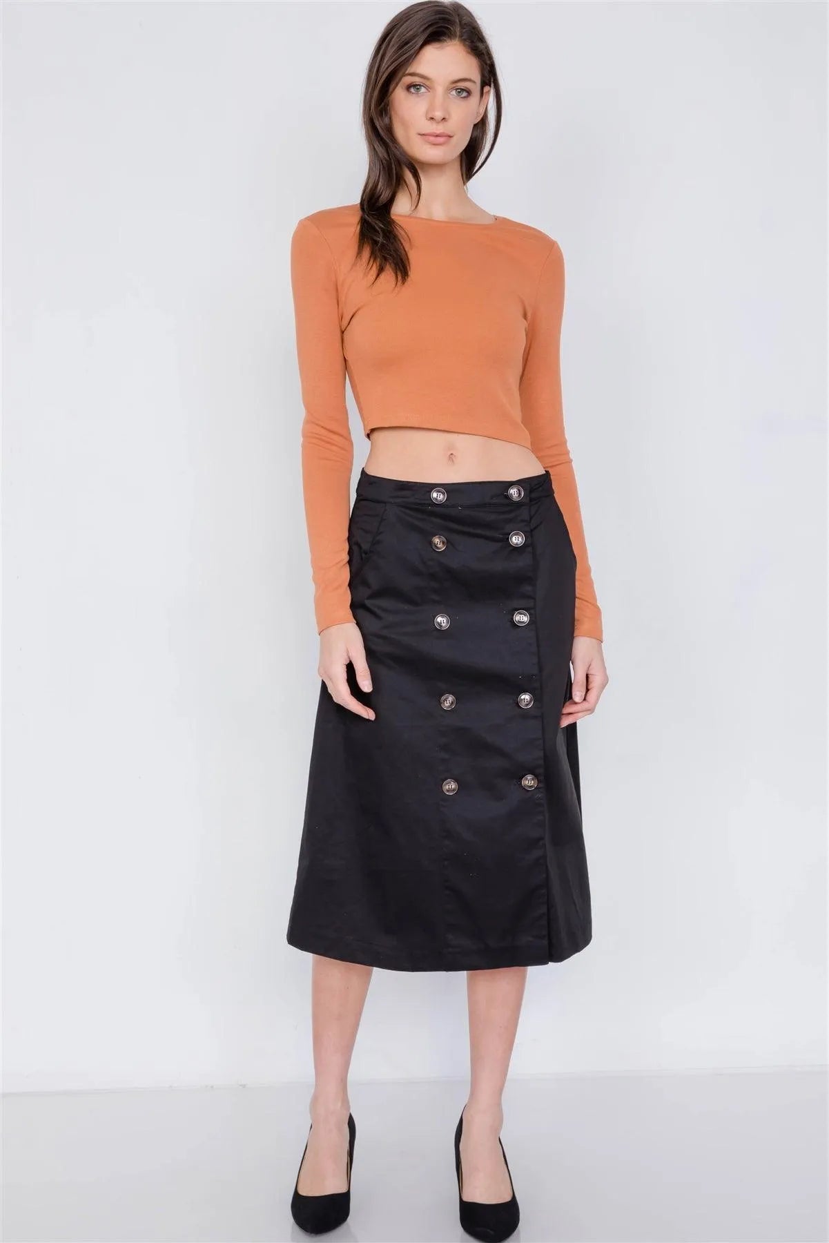 Black Double Button Cotton A-Line Midi Skirt /2-2-2 - Tasha Apparel Wholesale