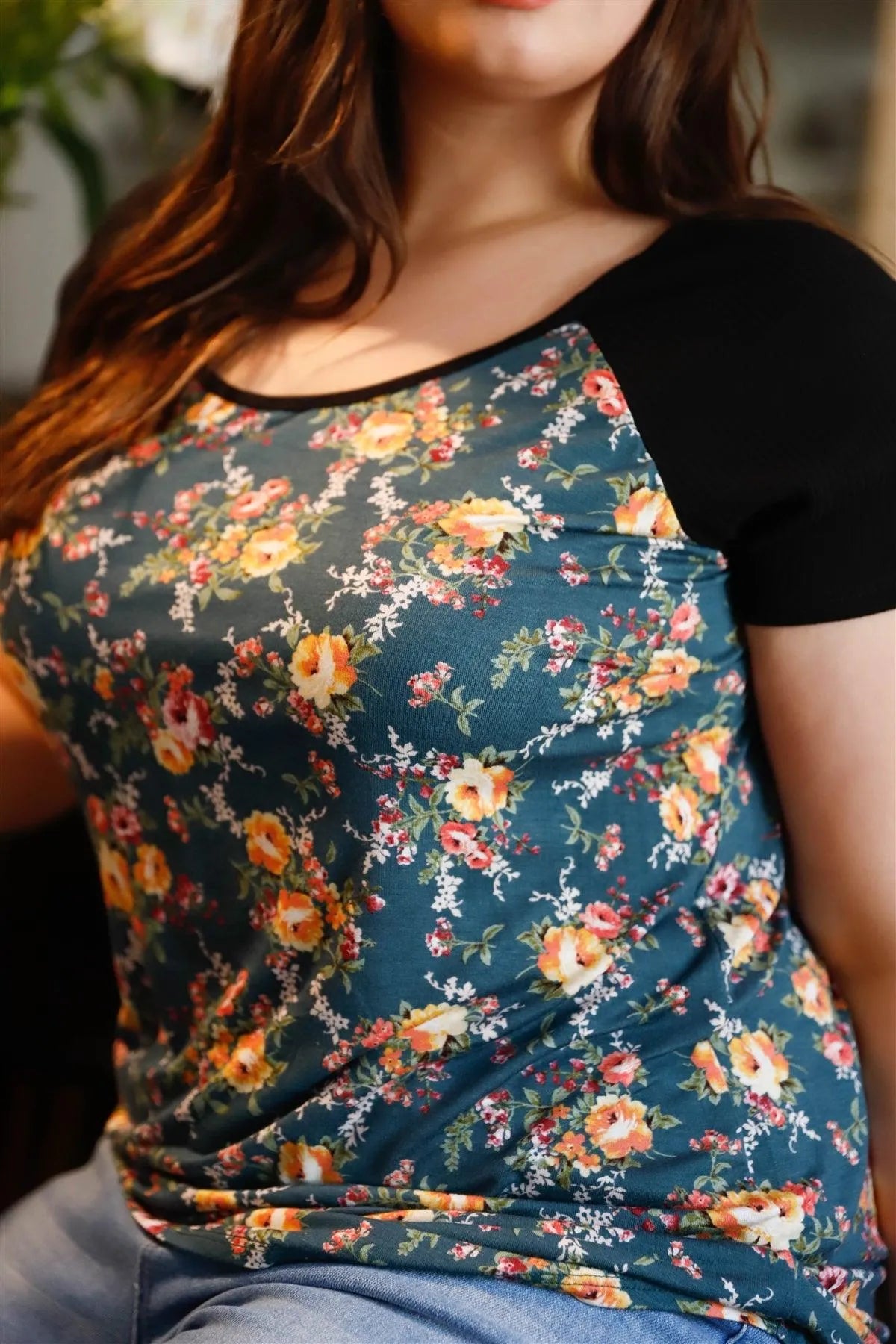 Junior Plus Green Floral Print & Ribbed Black Colorblock Top /4-3 - Tasha Apparel Wholesale