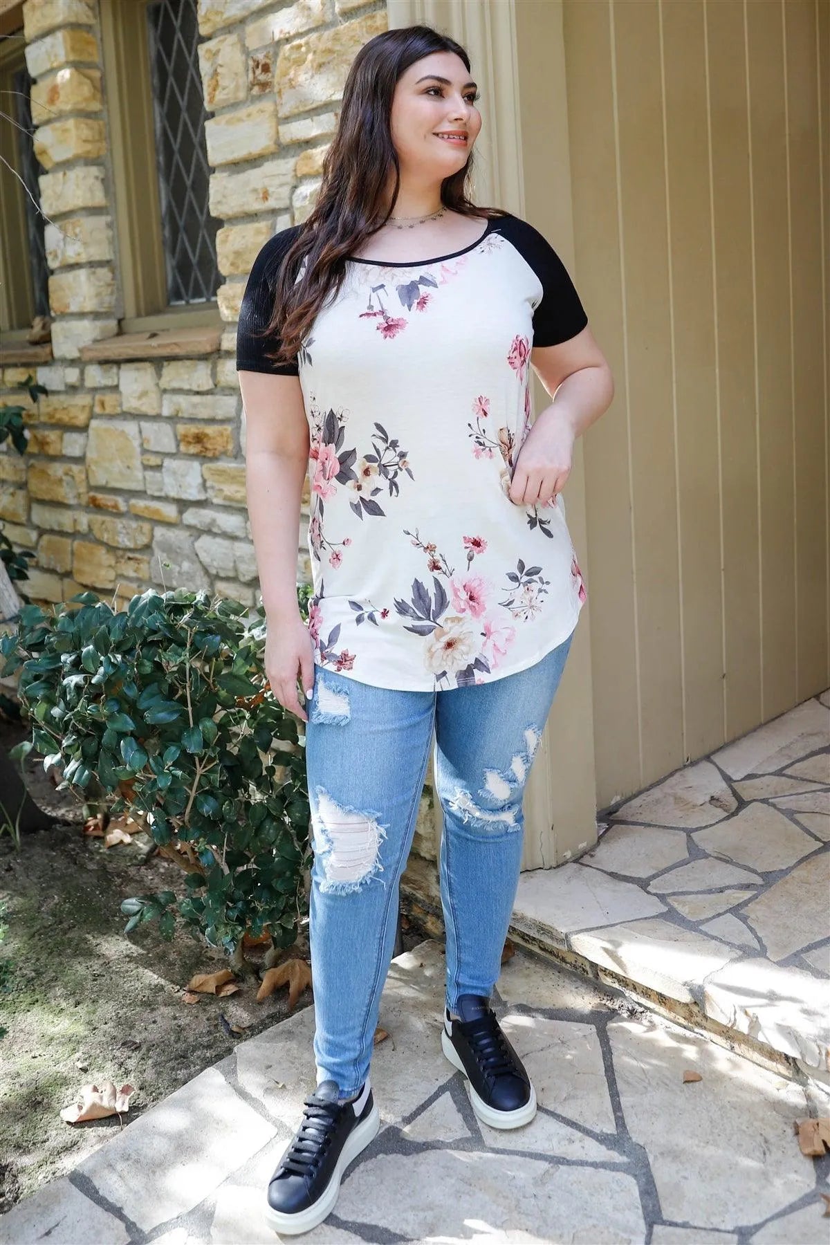 Junior Plus Ivory Floral Print & Ribbed Black Colorblock Top /2-2-2 - Tasha Apparel Wholesale