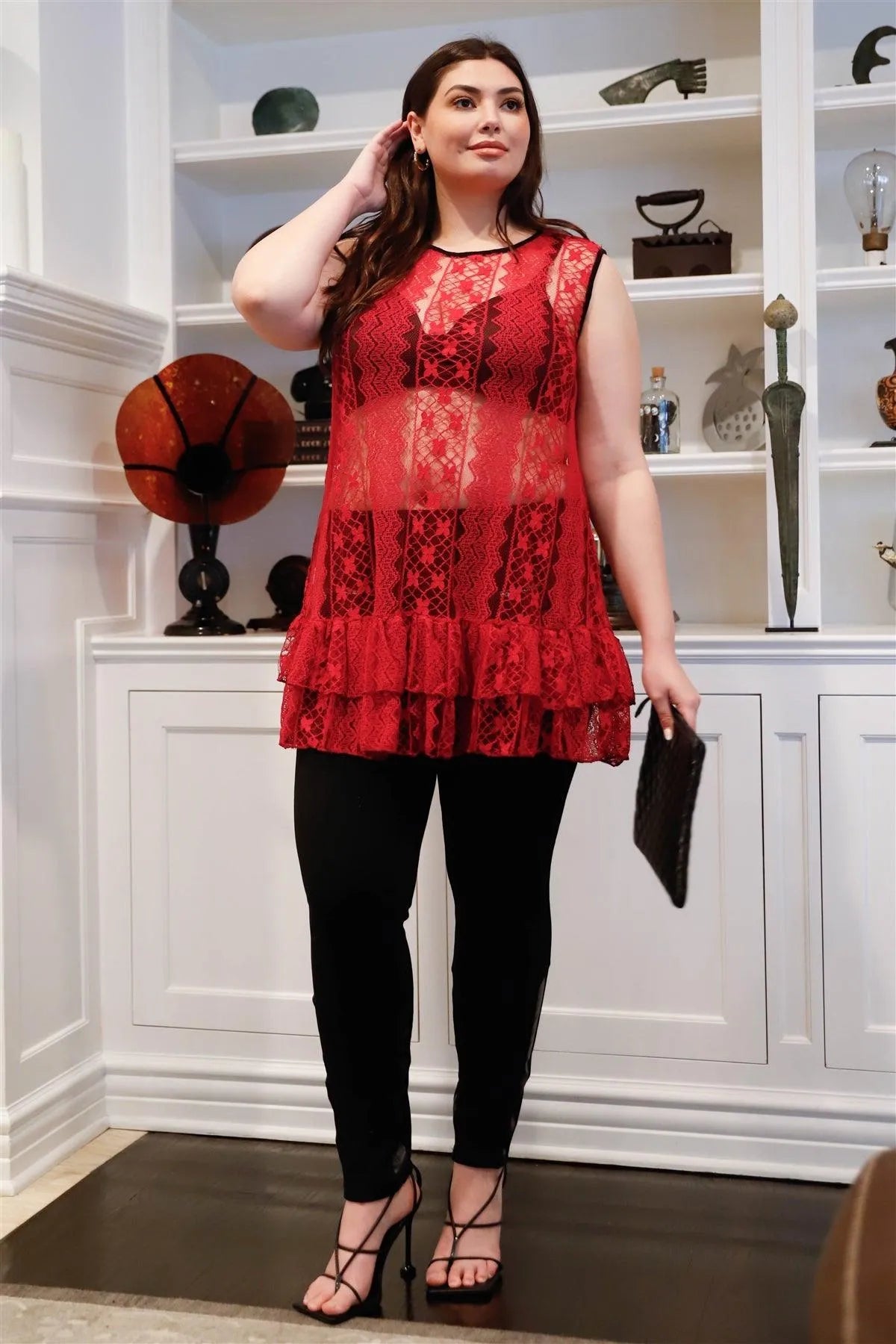 Junior Plus Burgundy Lace Sheer Ruffle Hem Sleeveless Maxi Top /2-2-2 - Tasha Apparel Wholesale