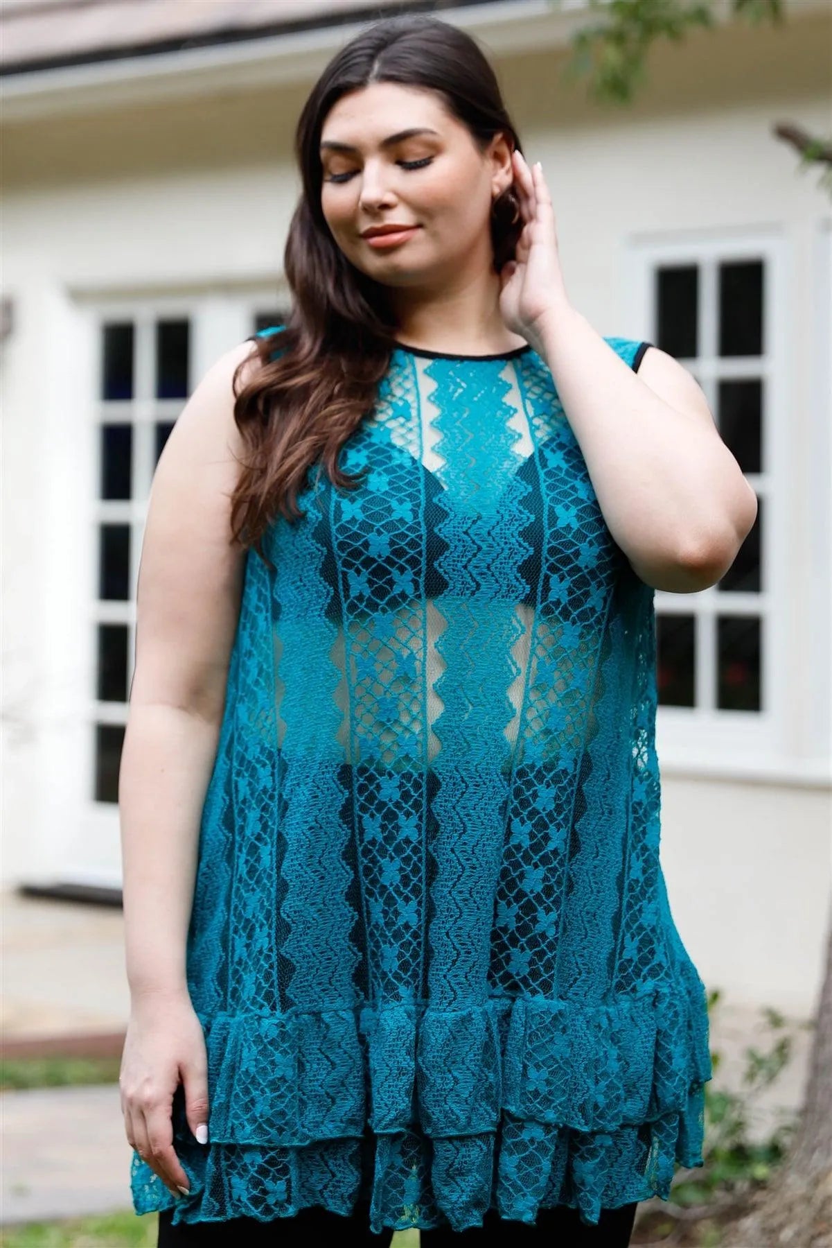 Junior Plus Teal Lace Sheer Ruffle Hem Sleeveless Maxi Top /2-2-2 - Tasha Apparel Wholesale