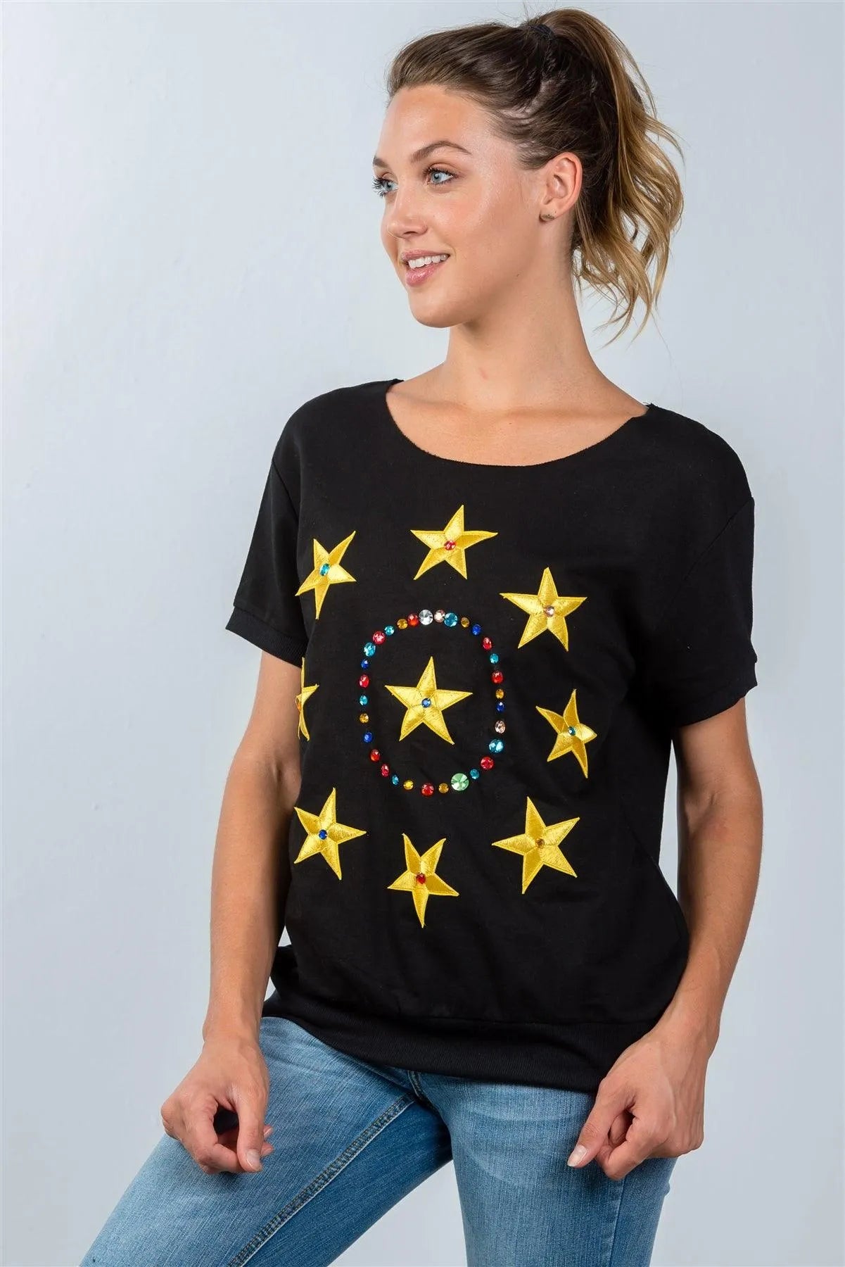 Black And Gold Star Embroidered Textured SweatShirt / 2-2-2 - Tasha Apparel Wholesale