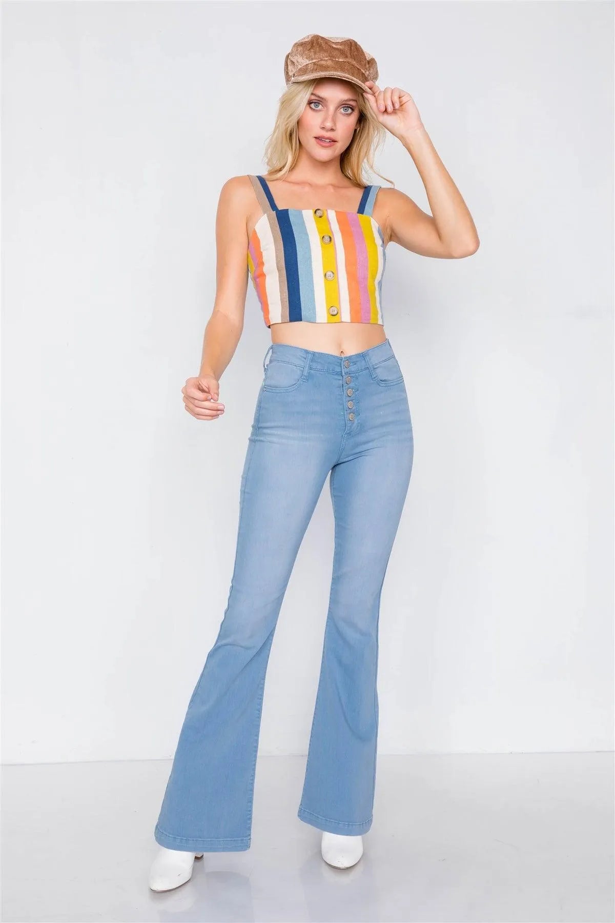 Multi Vintage Stripe Ruched Back Sleeveless Chic Crop Top /2-1-3 - Tasha Apparel Wholesale