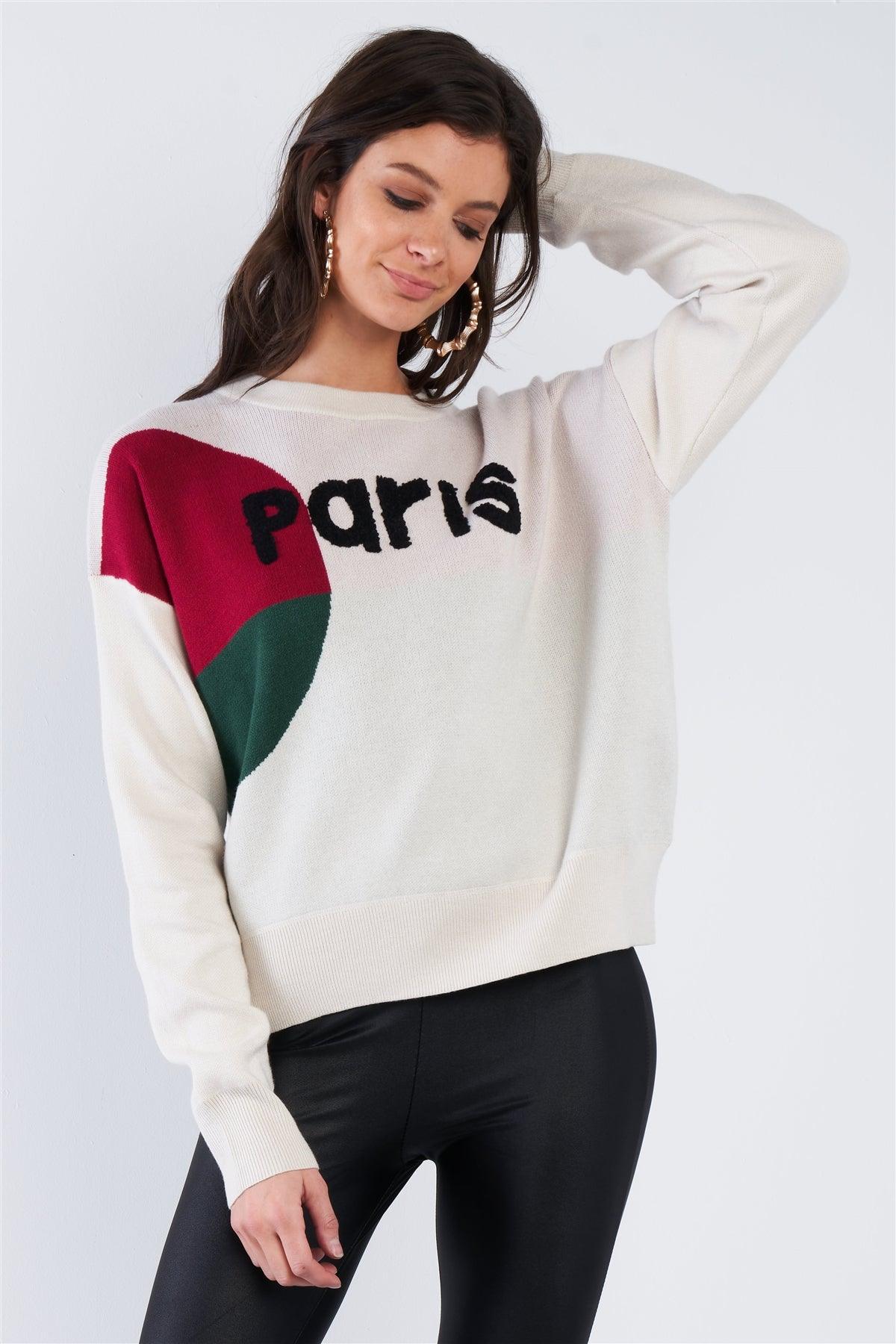 Oatmeal Beige "Paris" Color Block Relaxed Fit Knit Sweater /2-2-2 - Tasha Apparel Wholesale