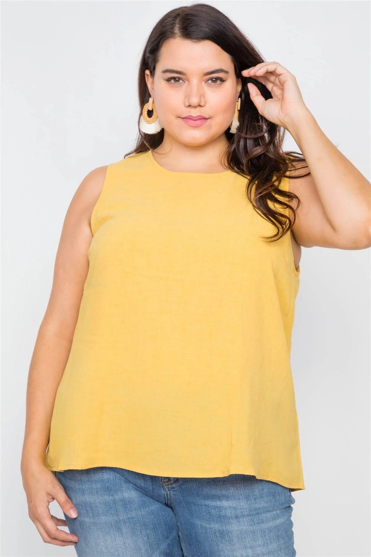 Plus Size Mustard Semi-Sheer Casual Back Button Tank / 1-2-2-1 - Tasha Apparel Wholesale