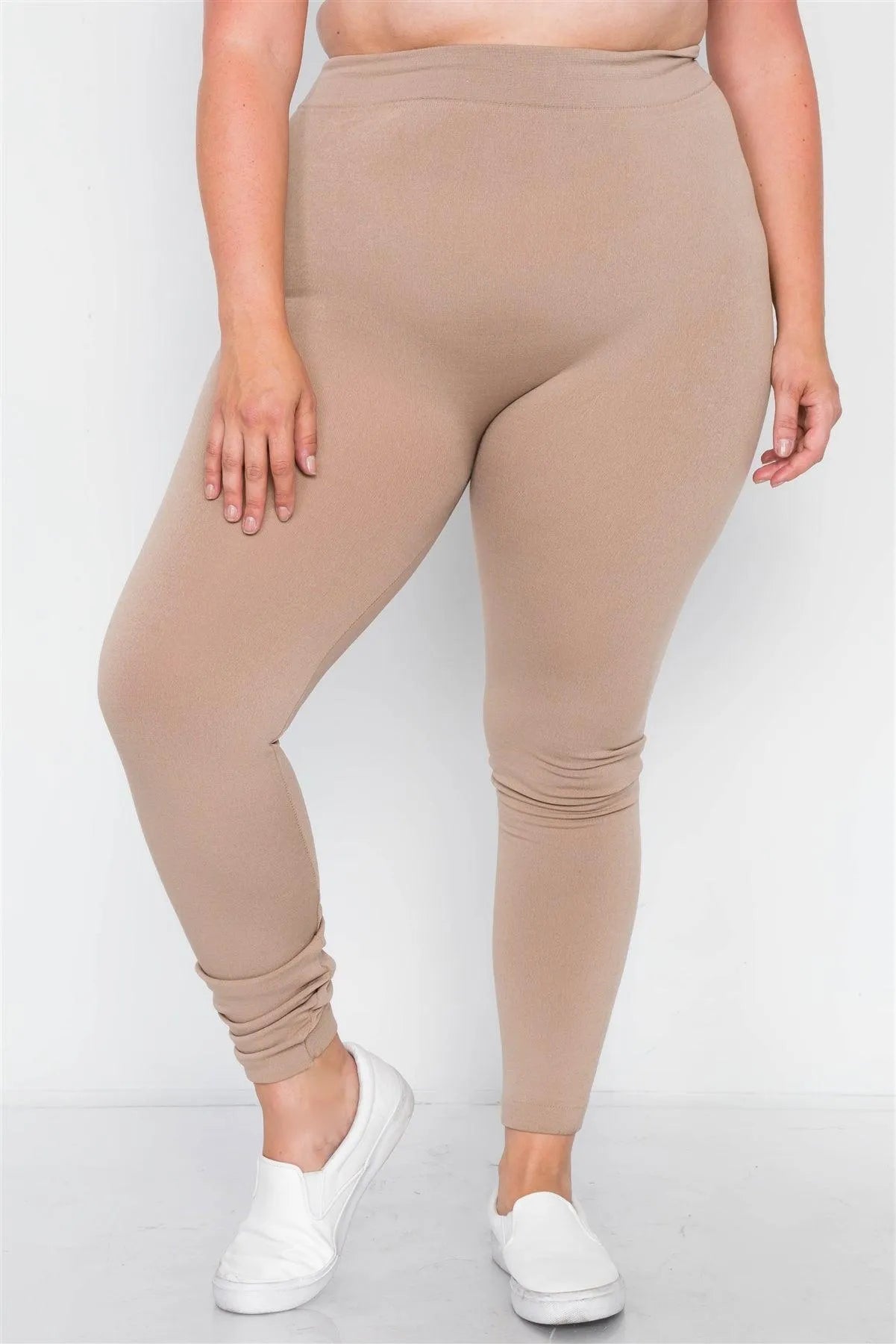 Junior Plus Size Beige Fleece Lined Solid Leggings /ONE SIZE - Tasha Apparel Wholesale
