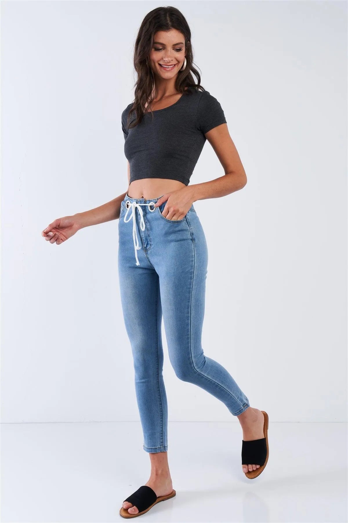 Light Blue Wash Shoelace Tie High Waisted Ankle Length Jean Pants - Tasha Apparel Wholesale