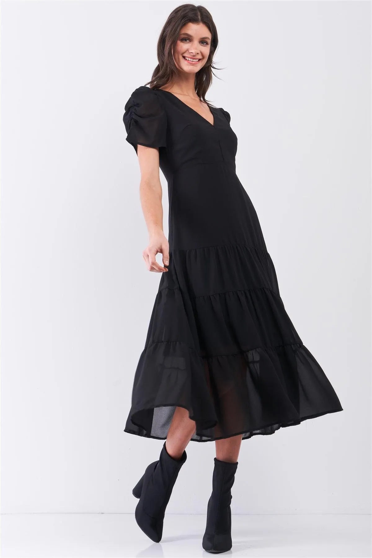 Black Short Ruched Sleeve V-Neck Tiered Midi Dress /2-2-2 - Tasha Apparel Wholesale