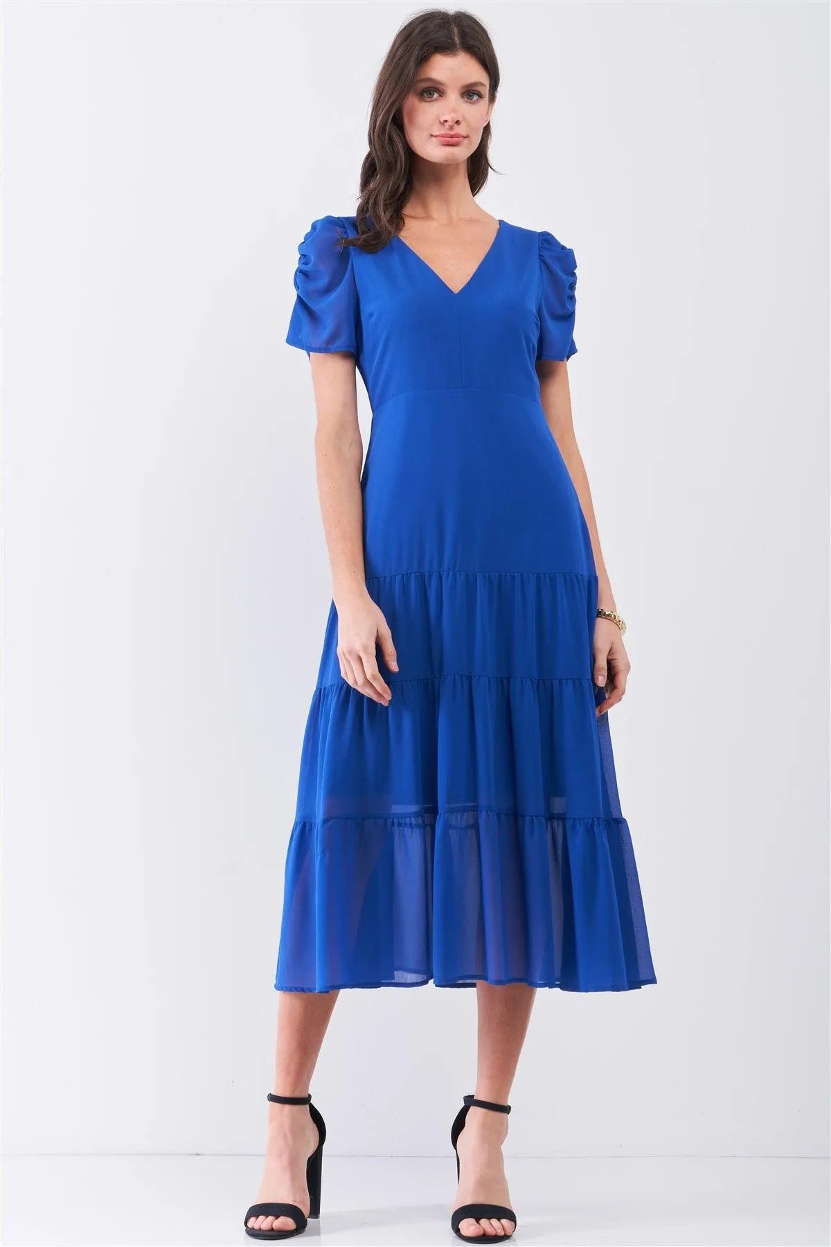Royal-Blue Short Ruched Sleeve V-Neck Tiered Midi Dress /2-1-3 - Tasha Apparel Wholesale