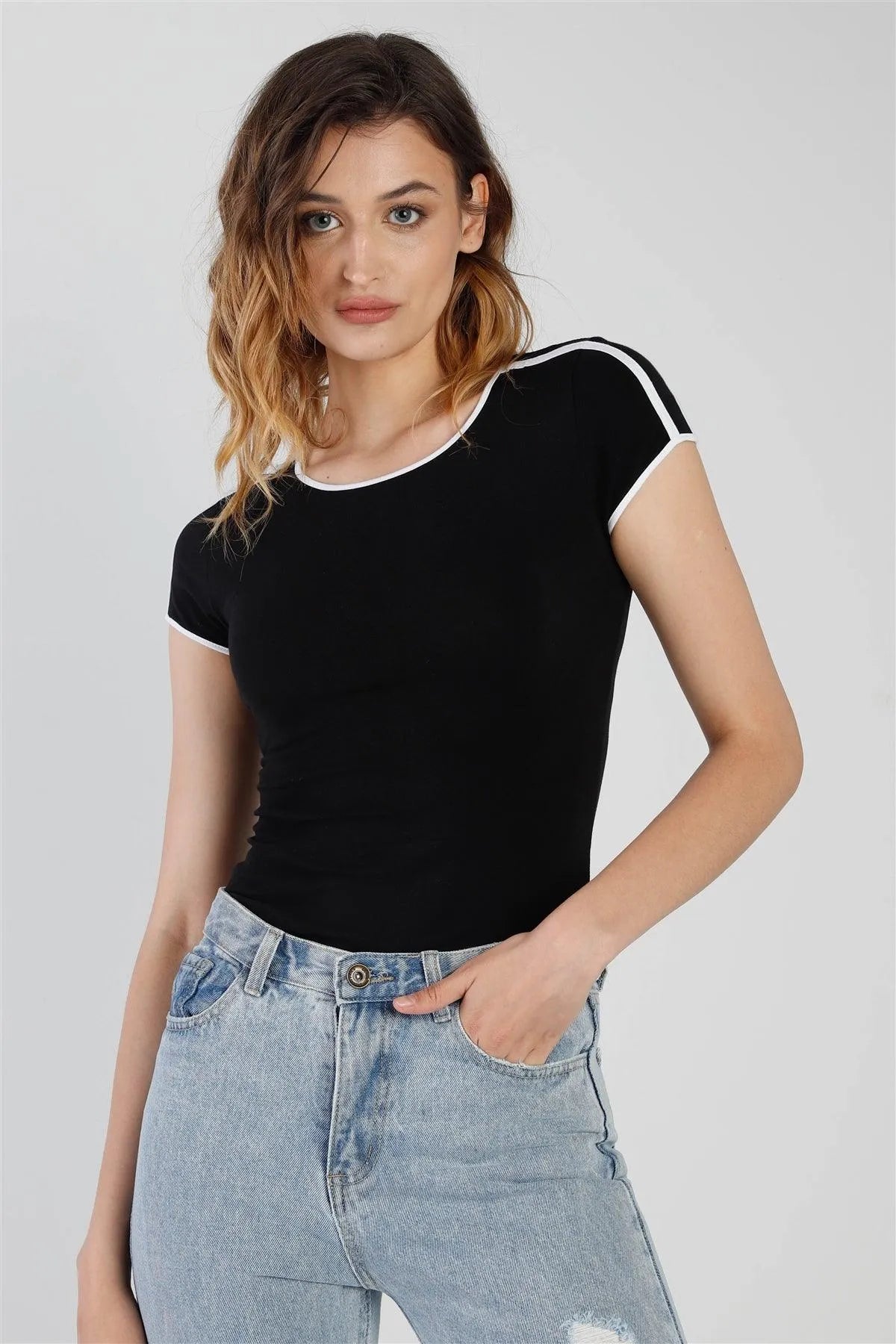 Stripe Contrast Trim Short Sleeve 3 Pcs Bodysuit /3-3-3 - Tasha Apparel Wholesale