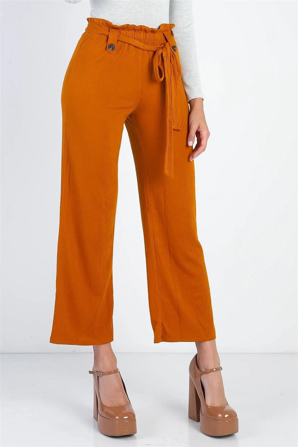 Rust Textured Self-Tie Belted Culotte Pants - Tasha Apparel Wholesale