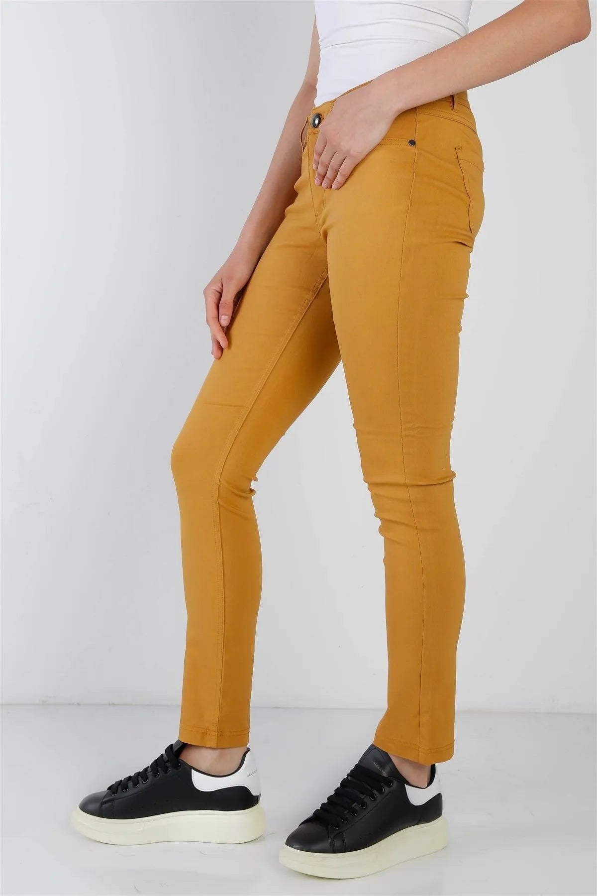 Mustard Contrast Button Mid Rise Skinny Pants - Tasha Apparel Wholesale