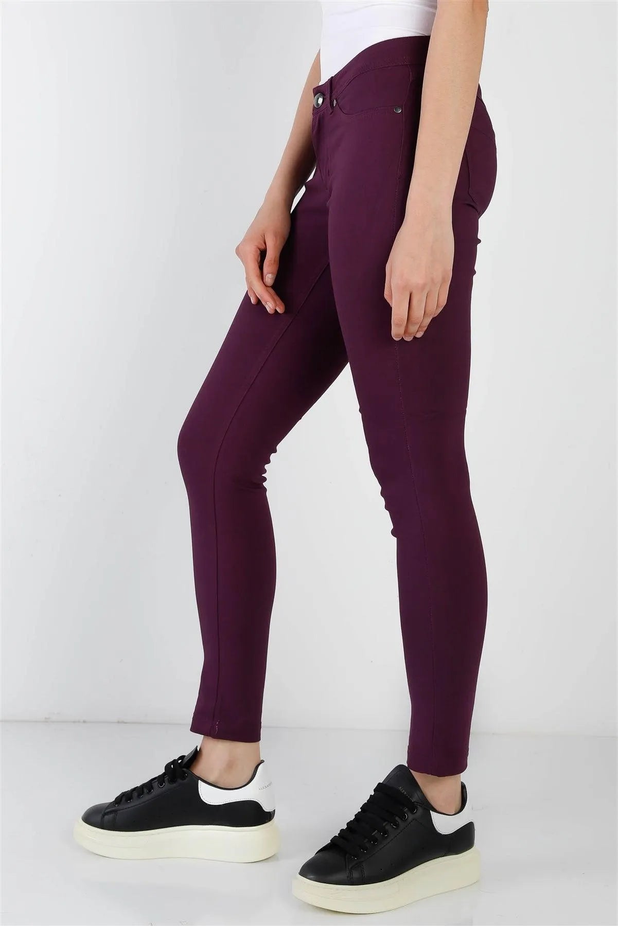 Purple Plum Contrast Button Mid Rise Skinny Pants - Tasha Apparel Wholesale