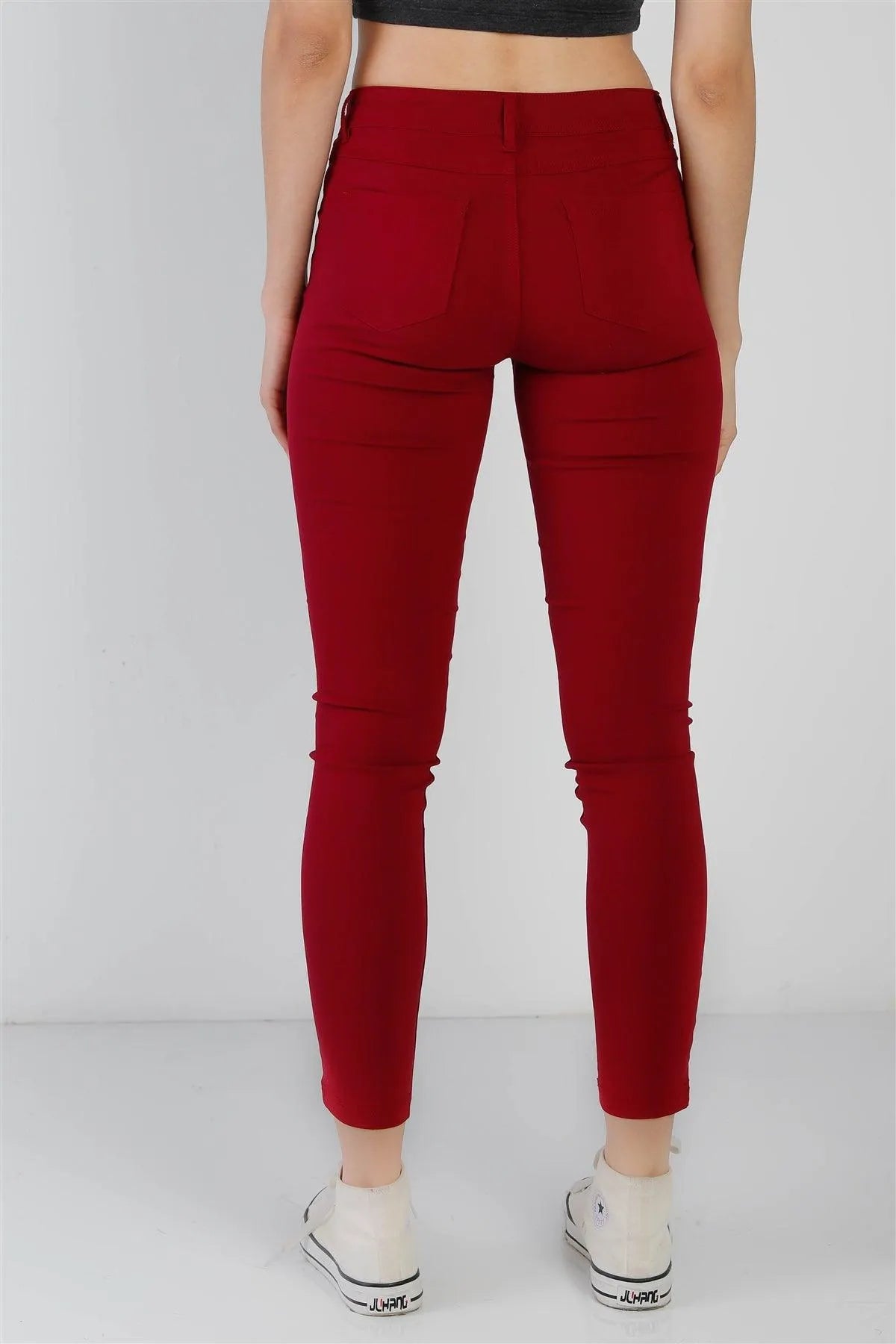 Ruby Red Contrast Button Mid Rise Skinny Pants - Tasha Apparel Wholesale