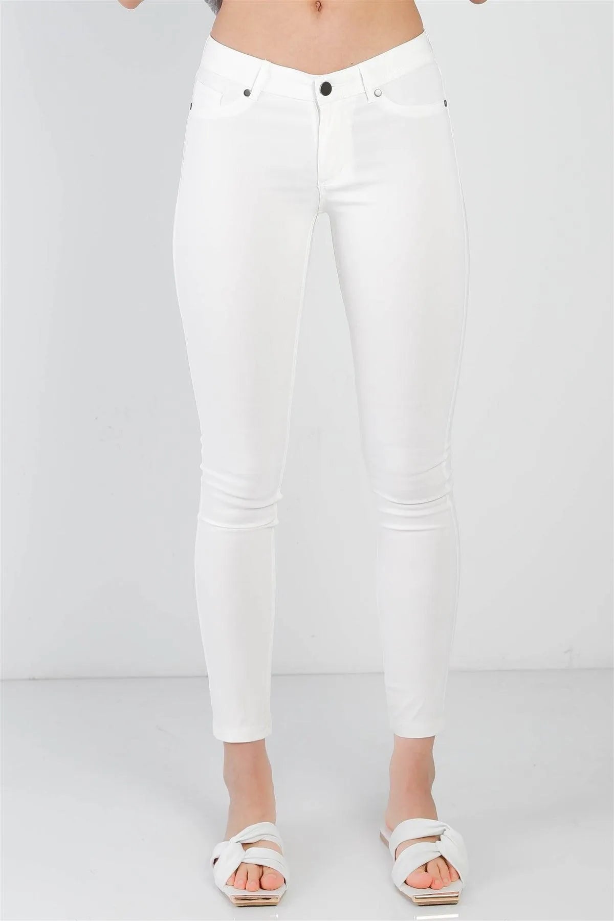 White Contrast Button Mid Rise Skinny Pants /2-2-2 - Tasha Apparel Wholesale