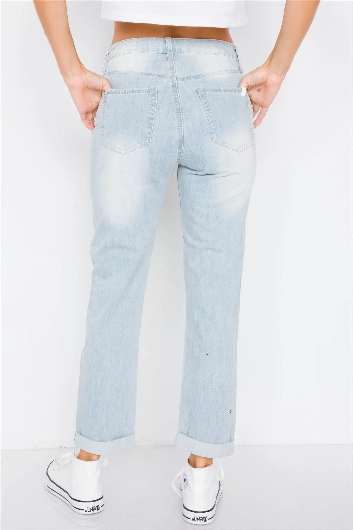 Light Denim Distressed Wide Leg Boyfriend Jeans /2-2-1 - Tasha Apparel Wholesale
