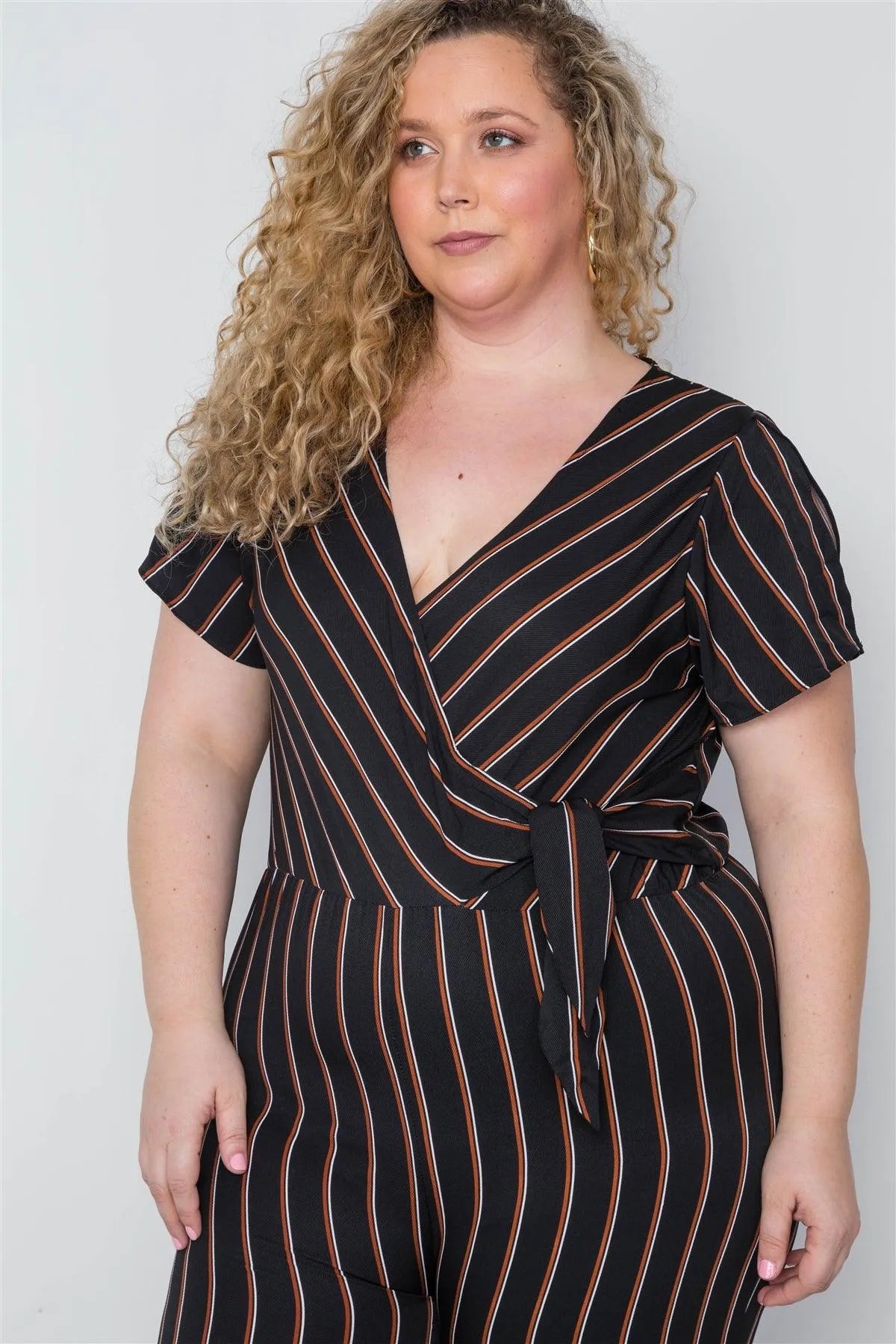 Plus Size Black Stripe Surplice Neckline Short Sleeve Jumpsuit / 2-2-2 - Tasha Apparel Wholesale