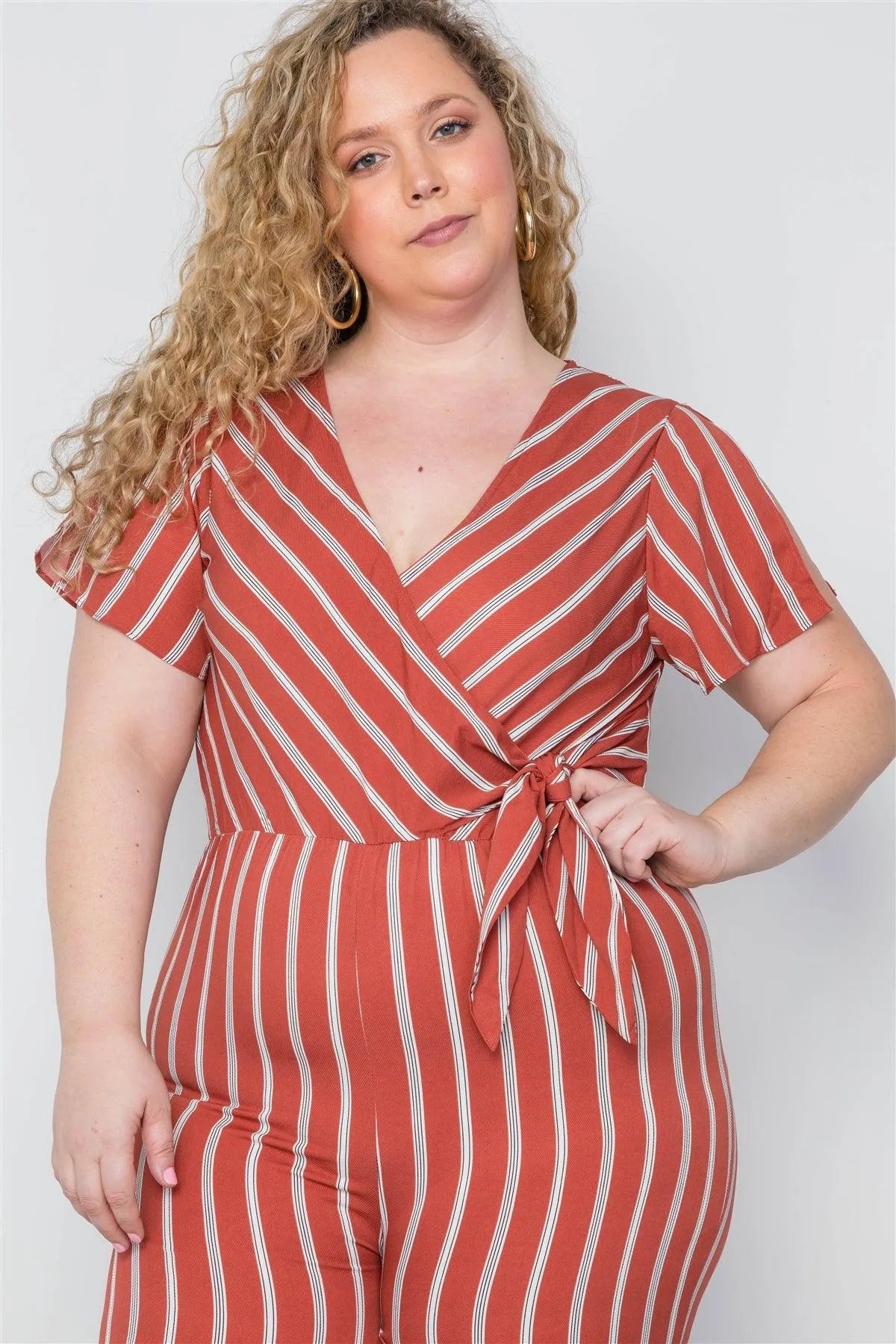 Plus Size Rust Stripe Surplice Neckline Short Sleeve Jumpsuit /1-2-1 - Tasha Apparel Wholesale