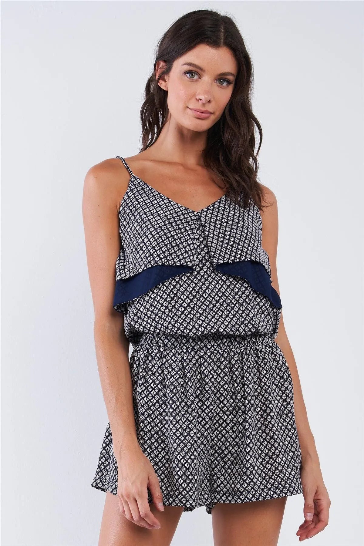 Navy White Diamond Print Adjustable Cami Strap Overlap Chest Layered Romper /1-2-3-1 - Tasha Apparel Wholesale