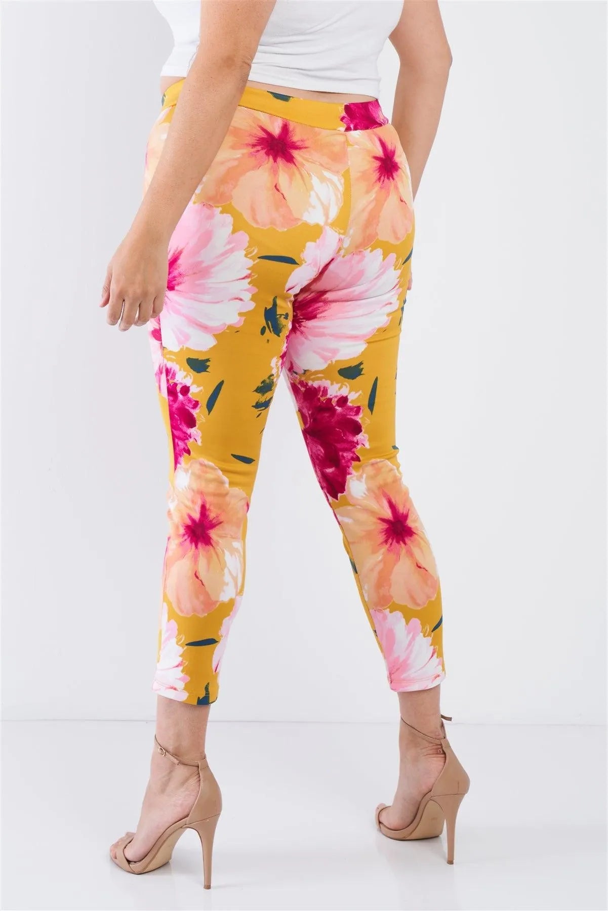 Junior Plus Size Yellow Floral Chic Ankle Length Leggings /2-2-2 - Tasha Apparel Wholesale