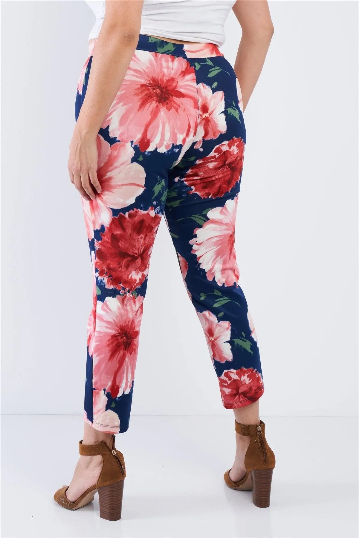 Plus Size Navy Blue Water Color Floral Chic Ankle Length Leggings /2-2-2 - Tasha Apparel Wholesale
