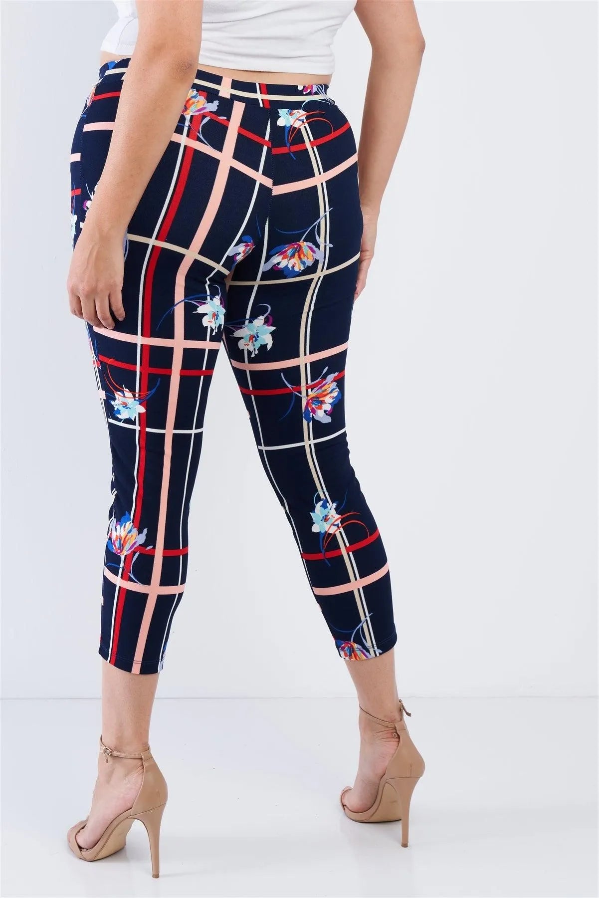 Junior Plus Size Navy Blue Floral Plaid Stripes Leggings /2-2-2 - Tasha Apparel Wholesale