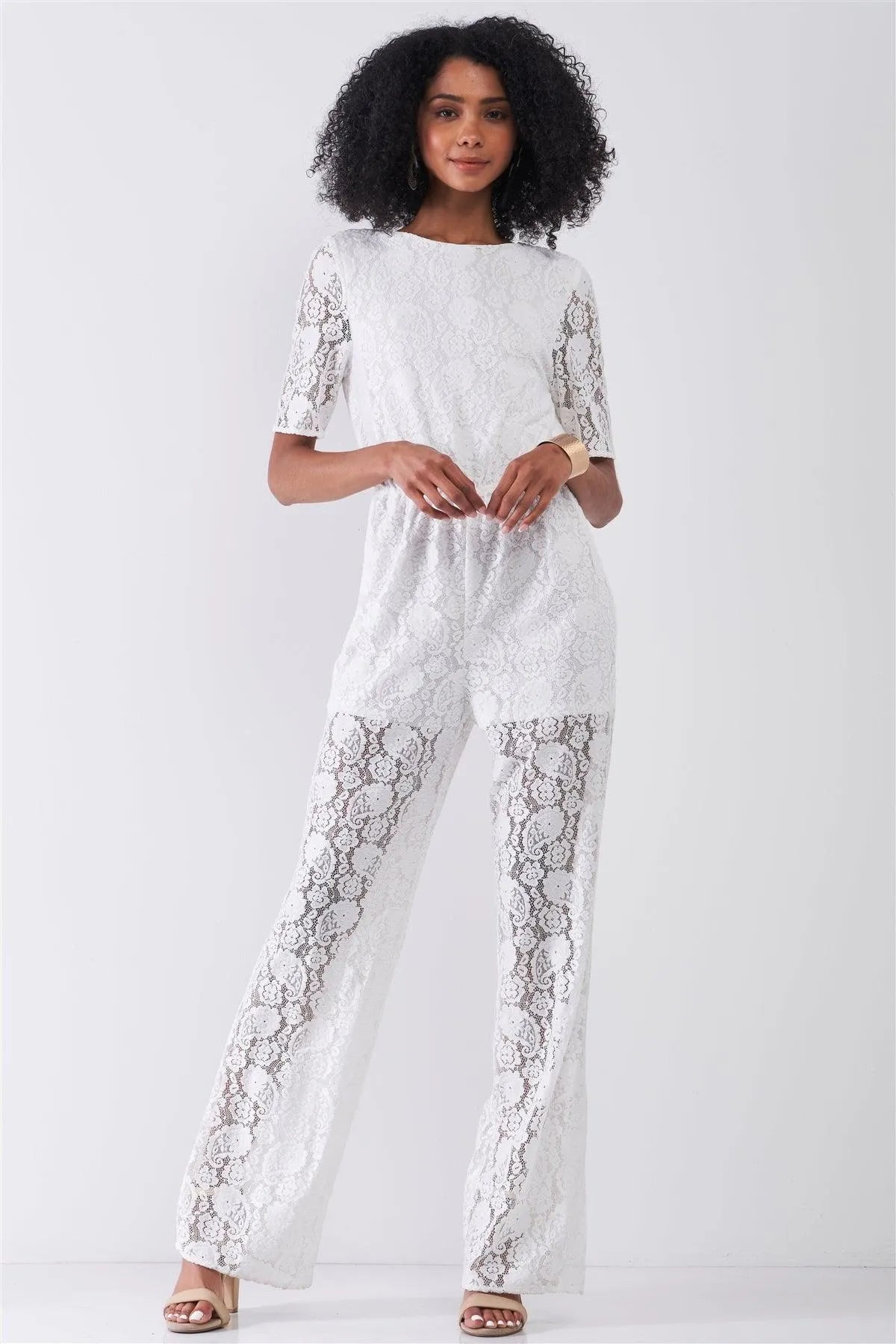 Delicate White Sheer Lace Crochet Semi-Sheer Self-Tie Neck Open Back Detail Wide Leg Jumpsuit /1-2-2-1 - Tasha Apparel Wholesale