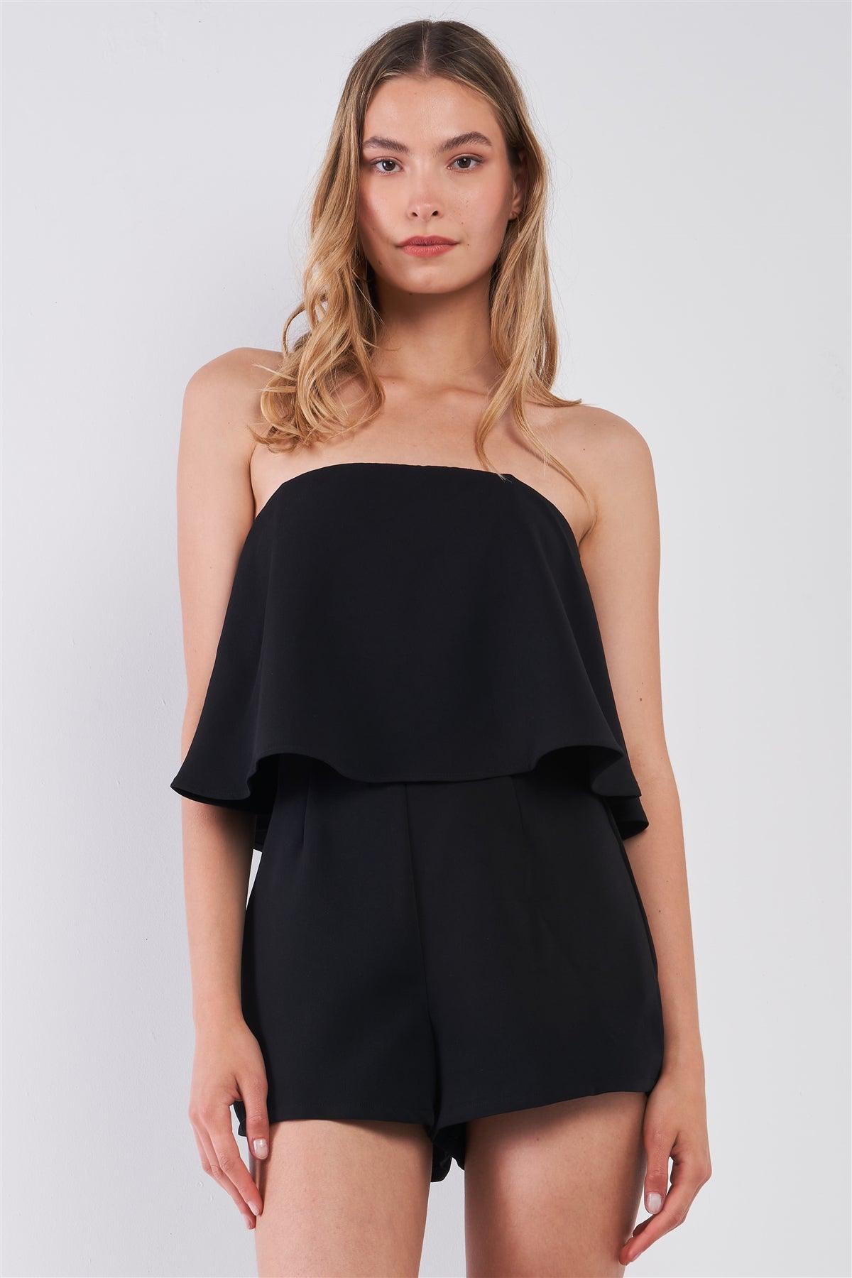Black Strapless Layered Flare Top Fitted Romper