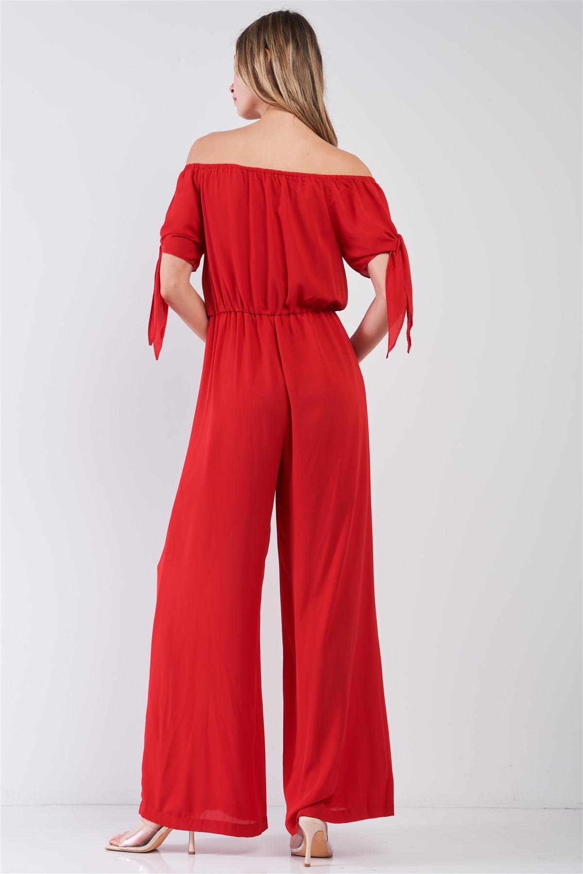 Red Off-The-Shoulder Short Sleeve With Self-Tie Detail Wide Leg Jumpsuit