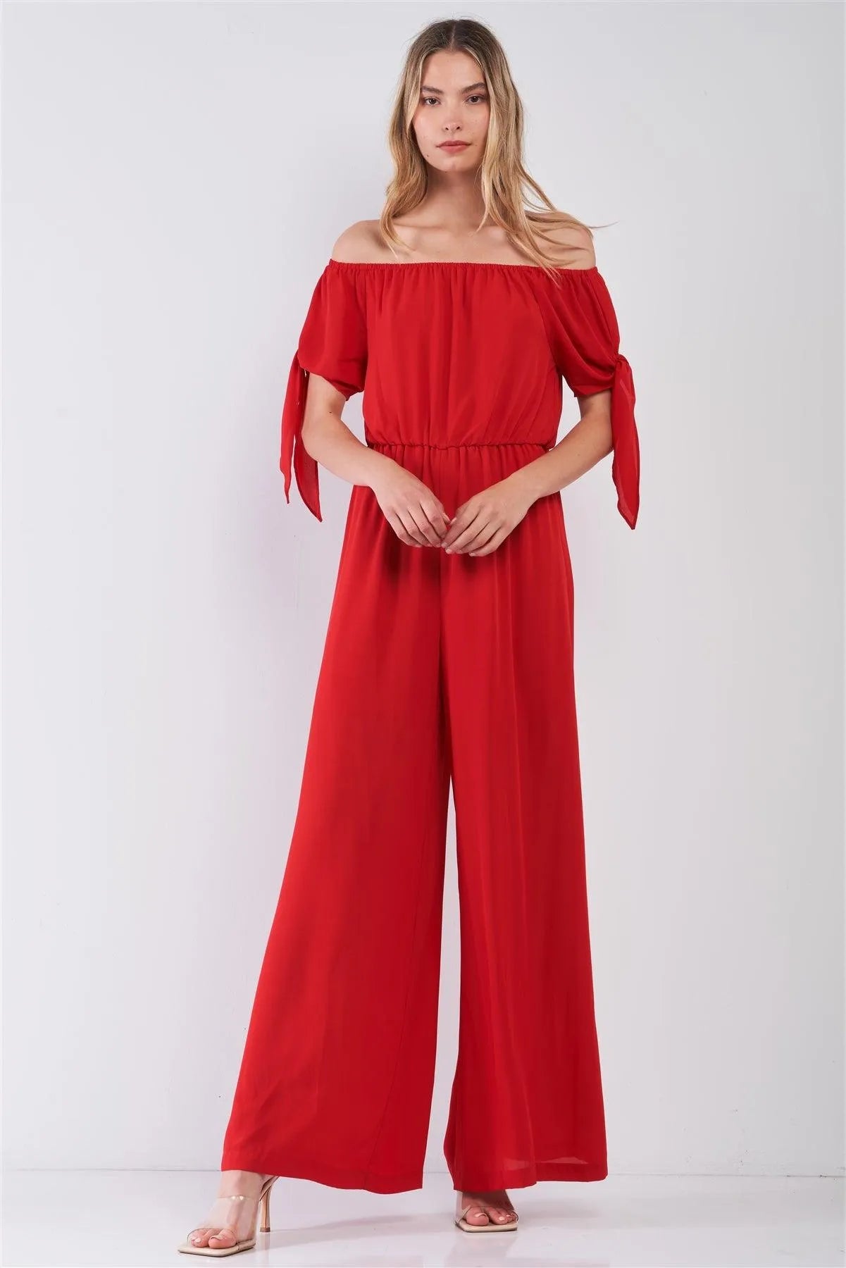 Red Off-The-Shoulder Wide Leg Jumpsuit - Tasha Apparel Wholesale